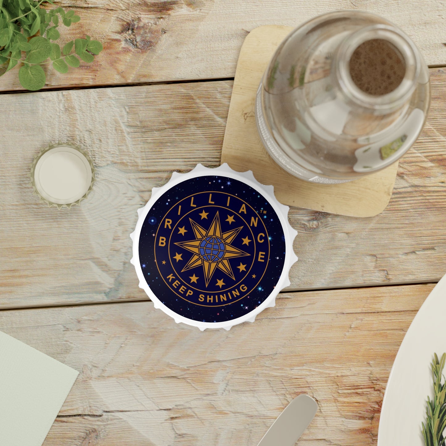 Brilliance Bottle Opener with Starry Night Print and Logo Front Side on Table