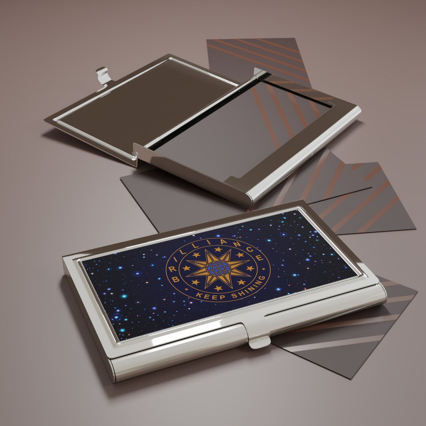 Brilliance Business Card Holder with Starry Night Print and Logo Slant Close 2