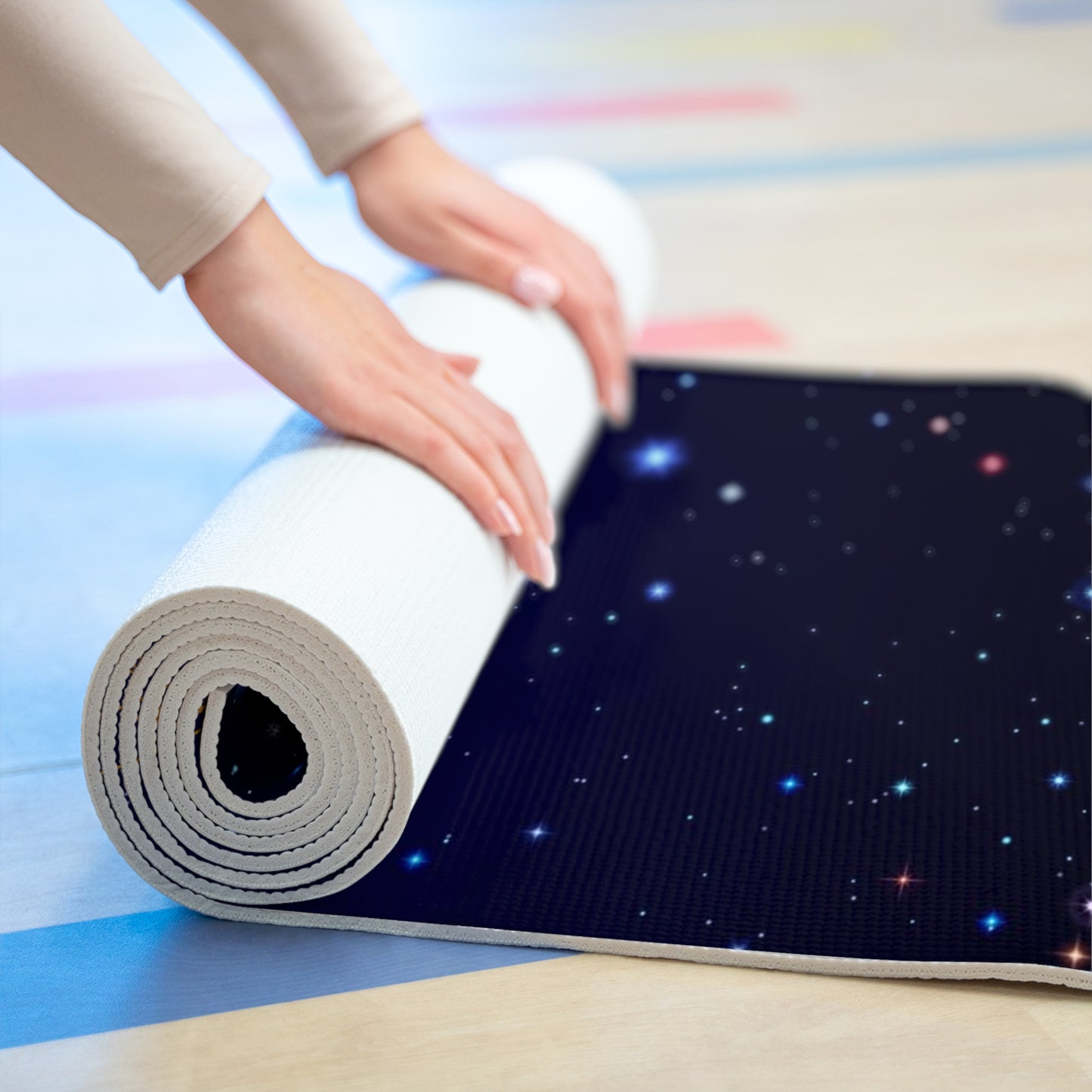 Brilliance Foam Yoga Mat with Starry Night Print and Logo Model Rolling