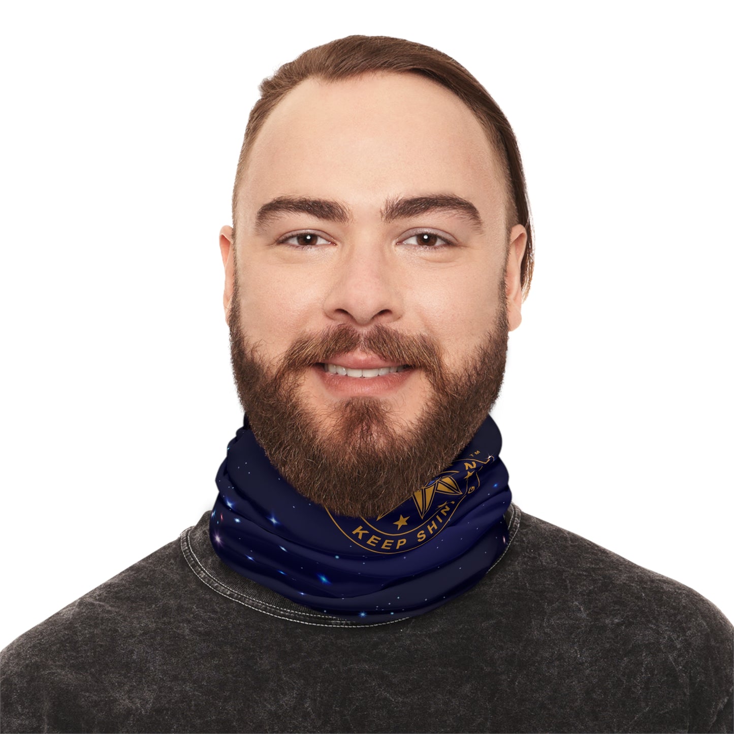 Brilliance Men's Lightweight Neck Gaiter with Starry Night Print and Logo Front Side Down with Model