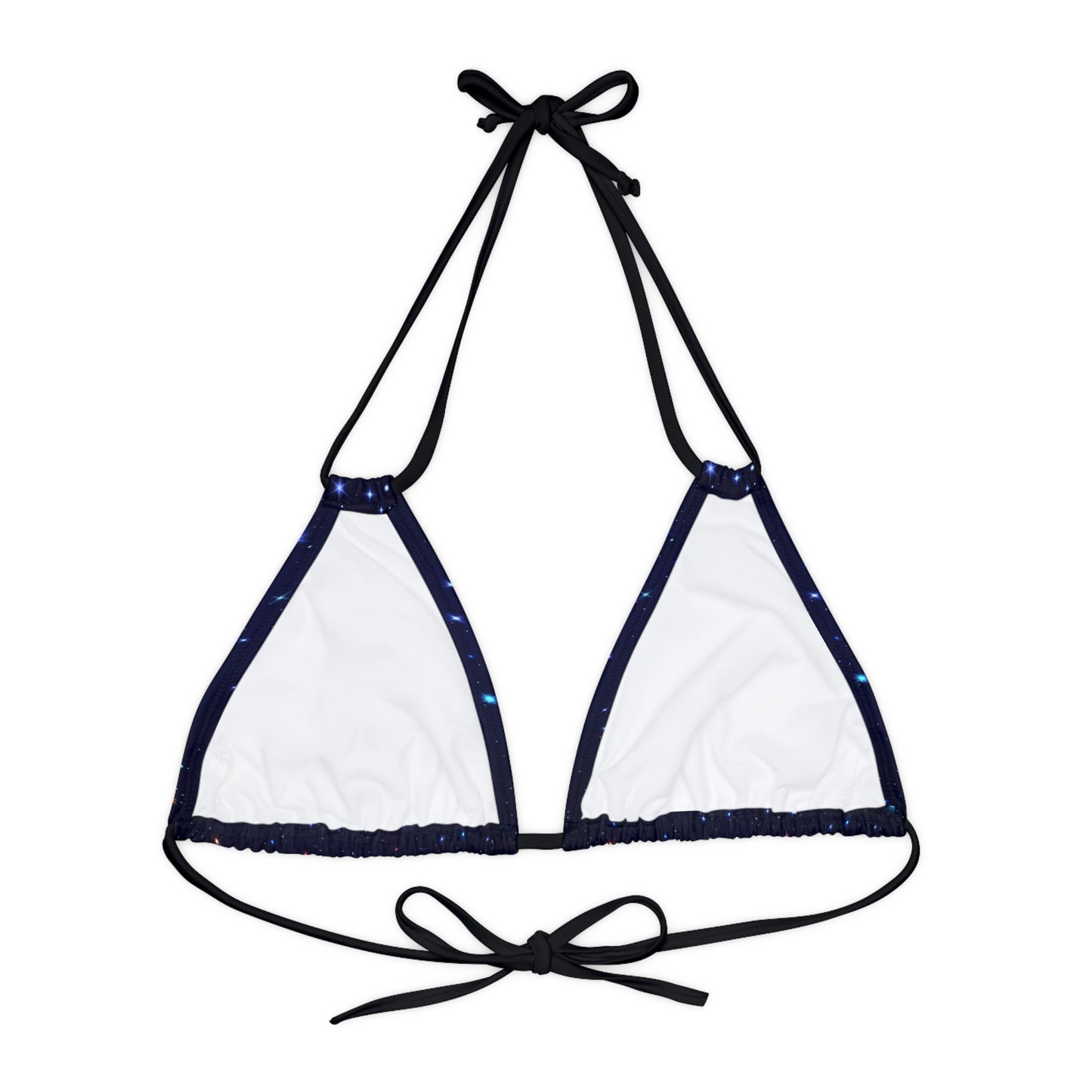 Brilliance Strappy Triangle Bikini Top with Starry Night Print and Logo Black Straps Back Side