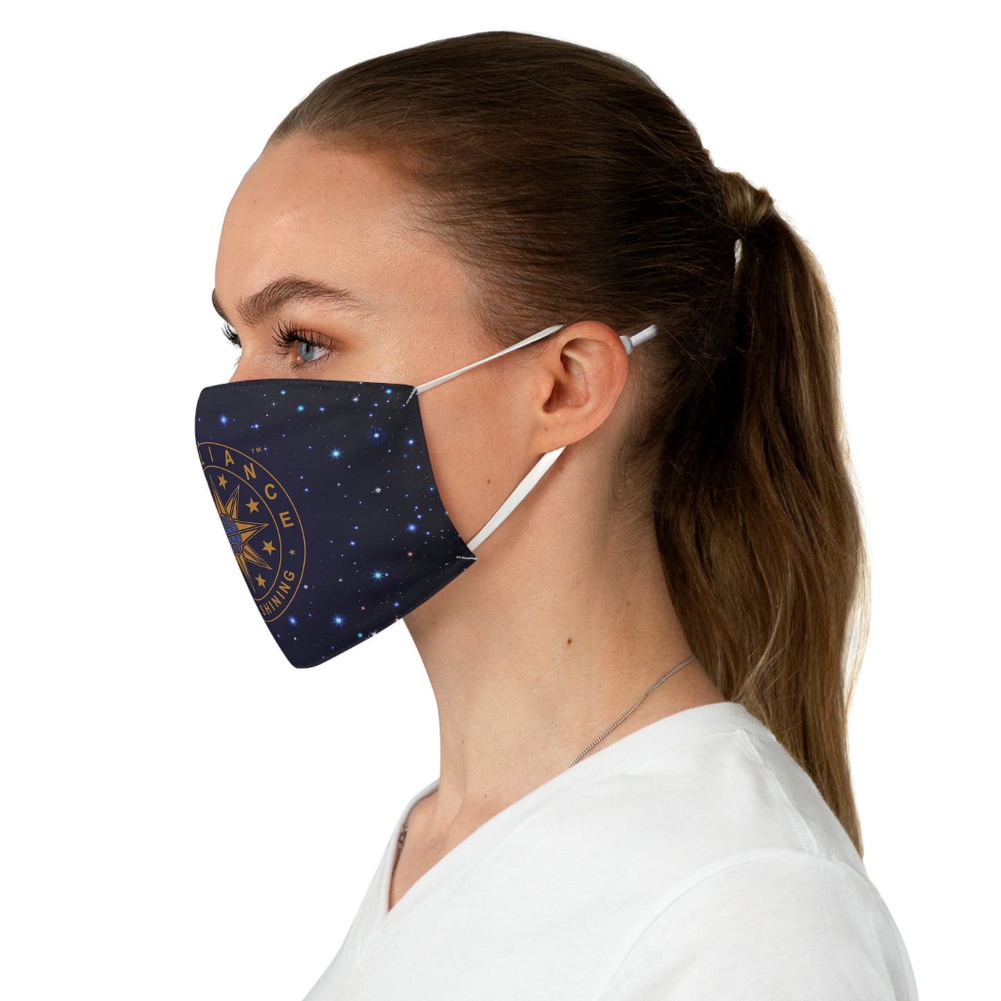 Brilliance Women's Fabric Face Mask with Starry Night Print and Logo Left Side with Model