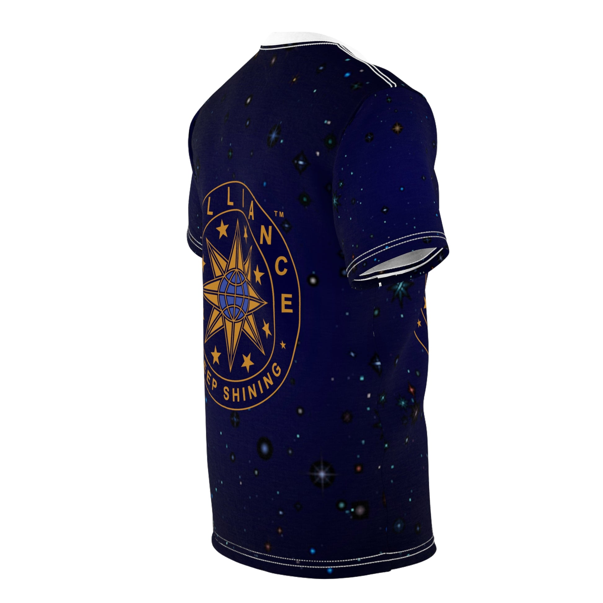 Brilliance Clothing Adult T-Shirt with Starry Night Print and Logo with White Stitching at an Angle Back View
