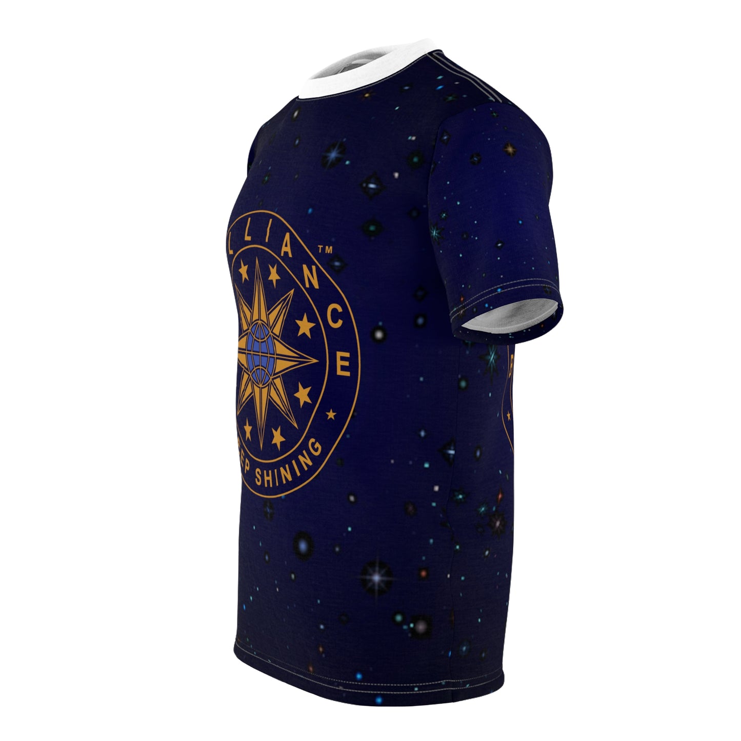 Brilliance Clothing Adult T-Shirt with Starry Night Print and Logo with White Stitching at an Angle Front View