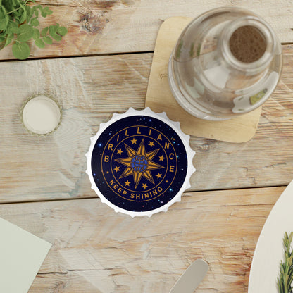 Brilliance Bottle Opener with Starry Night Print and Logo Front Side on Table