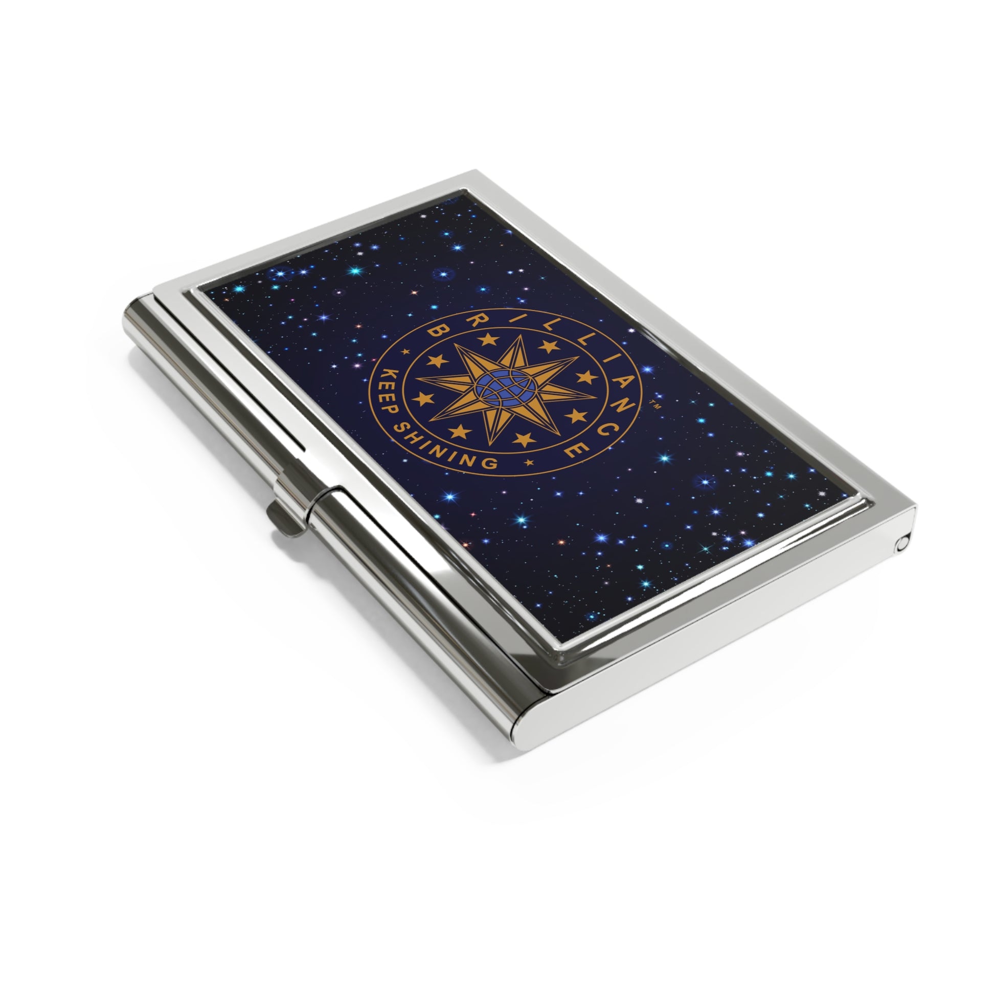 Brilliance Business Card Holder with Starry Night Print and Logo Slant Close