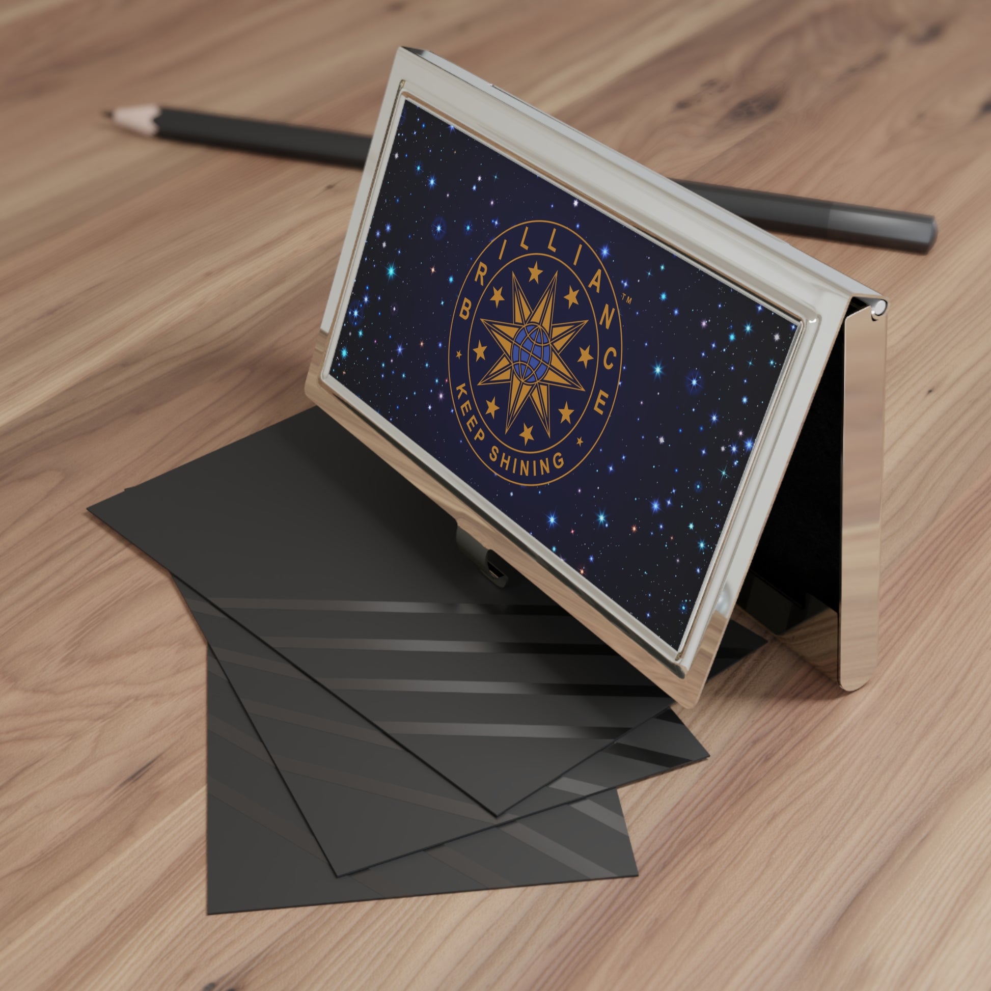 Brilliance Business Card Holder with Starry Night Print and Logo Slant Open 2