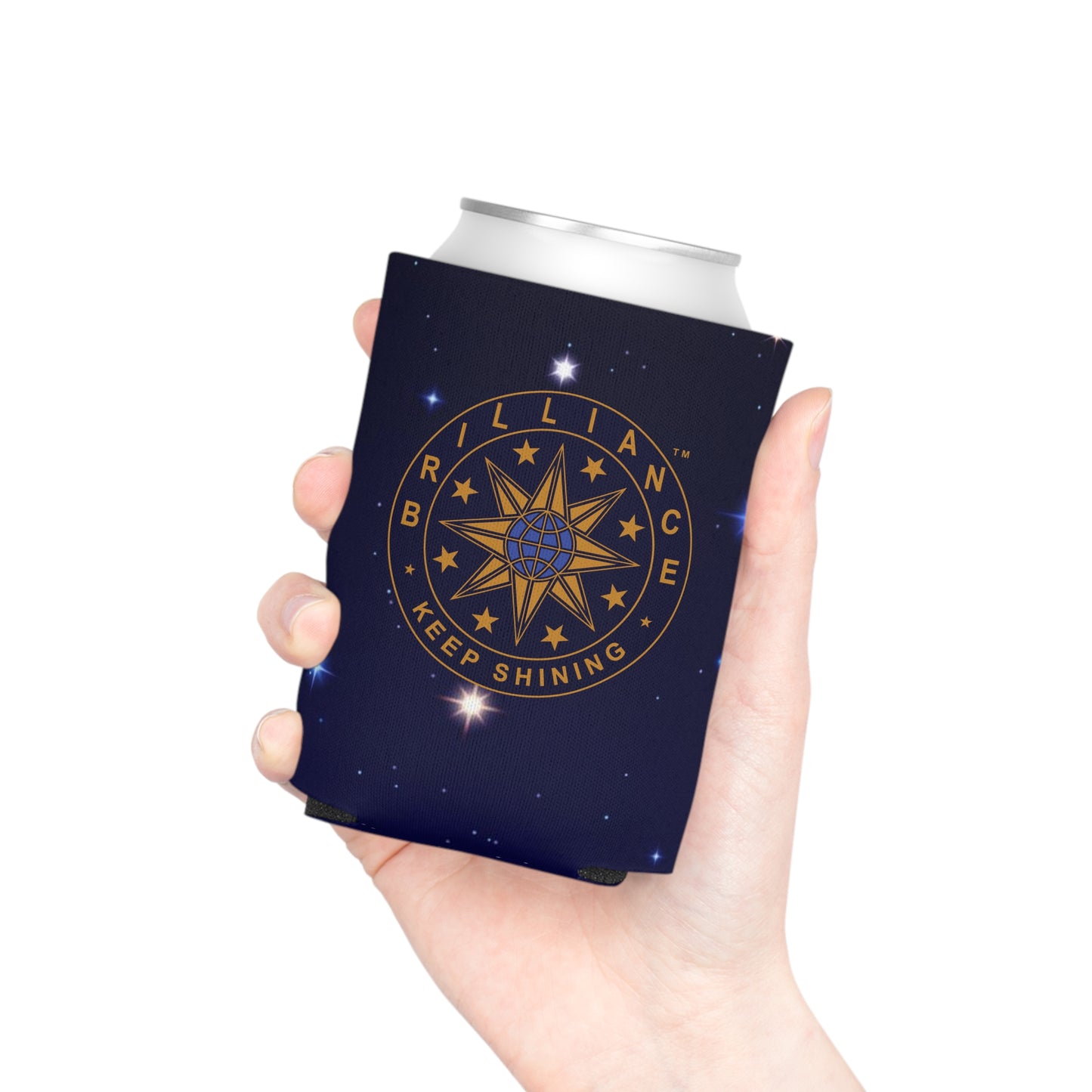 Brilliance Can Cooler with Starry Night Print and Logo Regular Can Front Side with Model