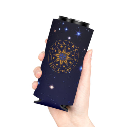 Brilliance Can Cooler with Starry Night Print and Logo Slim Can Front Side with Model