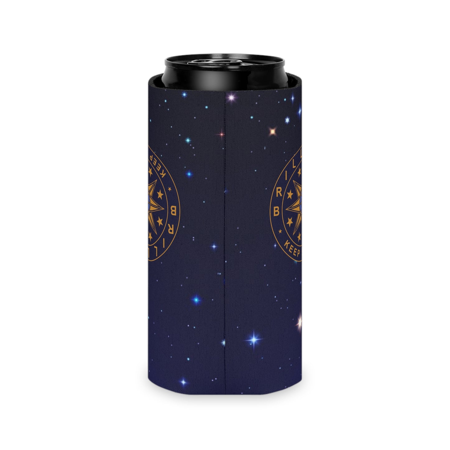 Brilliance Can Cooler with Starry Night Print and Logo Slim Can Left Side