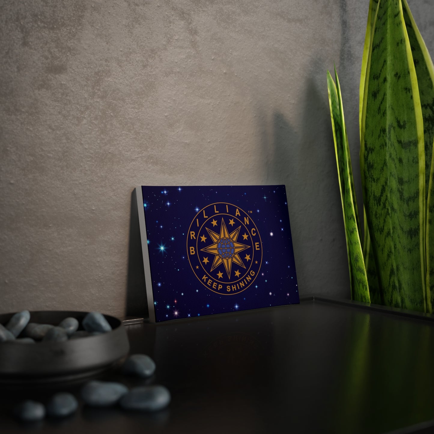 Brilliance Canvas Photo Tile with Starry Night Print and Logo Horizontal Slant on Table