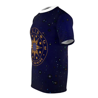 Brilliance Clothing Adult T-Shirt with Starry Night Print and Logo with Black Stitching at an Angle of Front View
