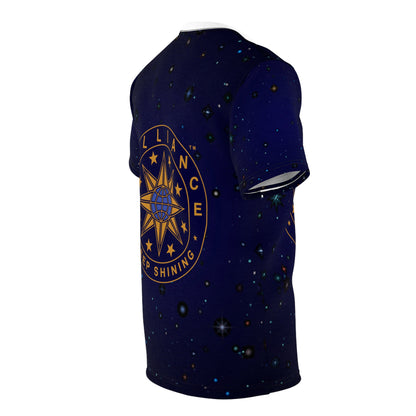 Brilliance Clothing Adult T-Shirt with Starry Night Print and Logo with Black Stitching at an Angle View