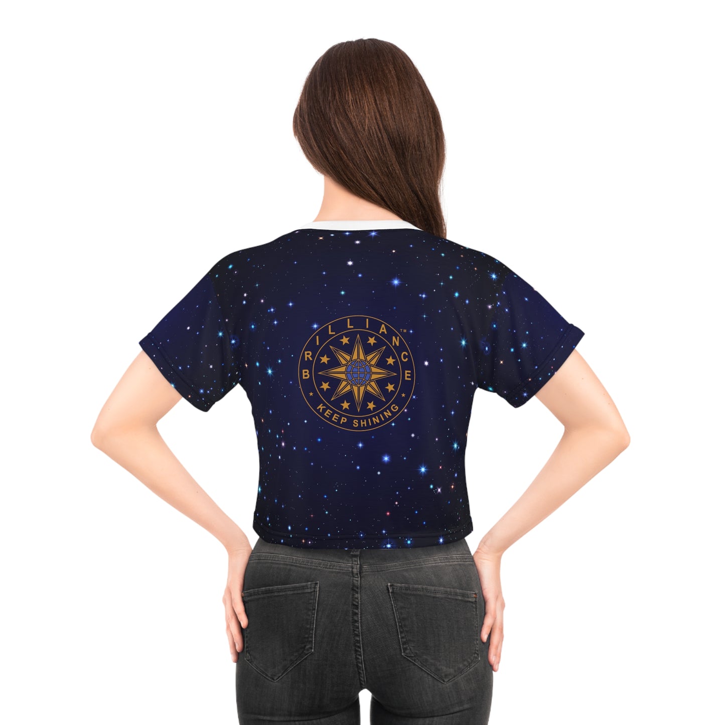 Brilliance Crop Tee with Starry Night Print and Logo Black Stitching Back Side with Model