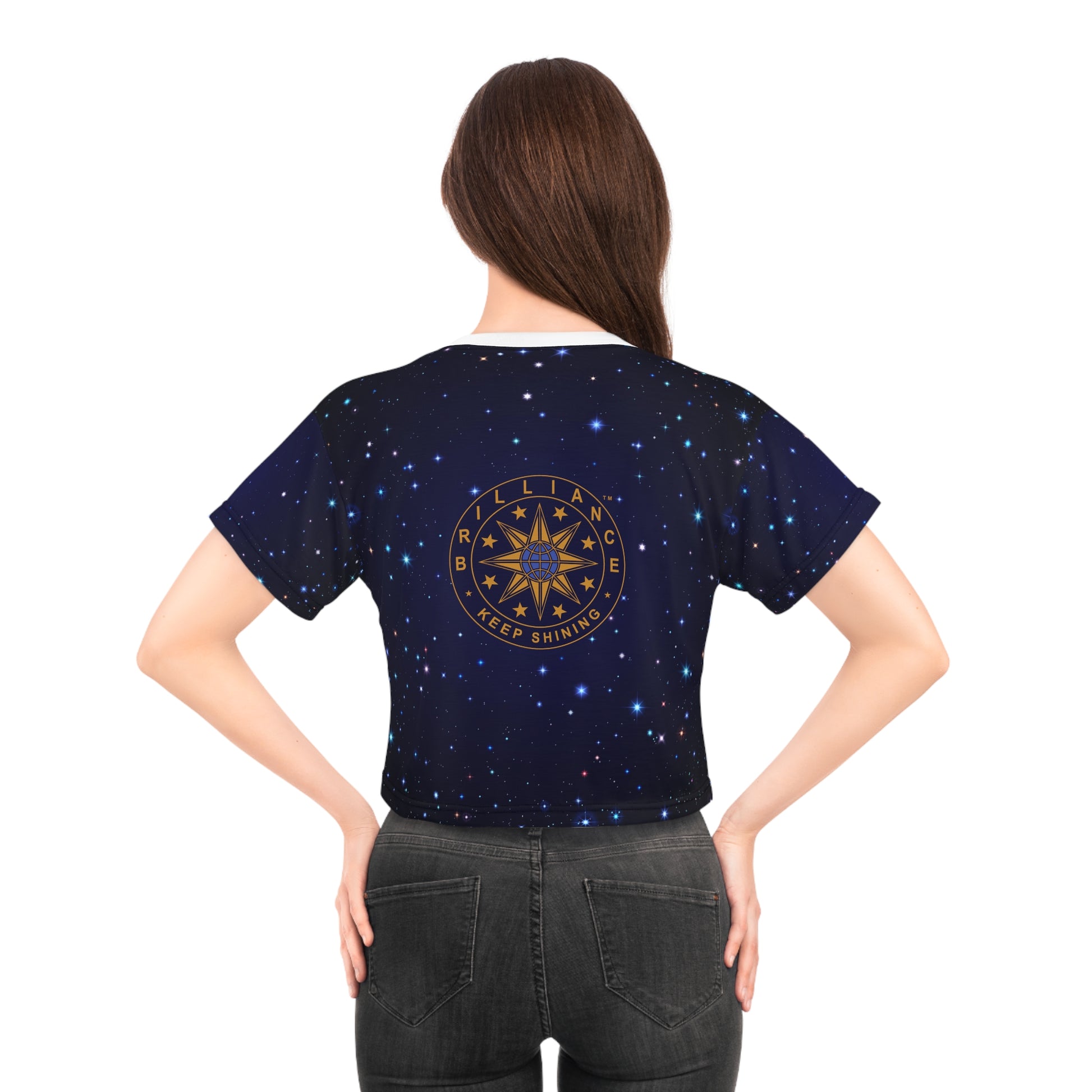 Brilliance Crop Tee with Starry Night Print and Logo Black Stitching Back Side with Model