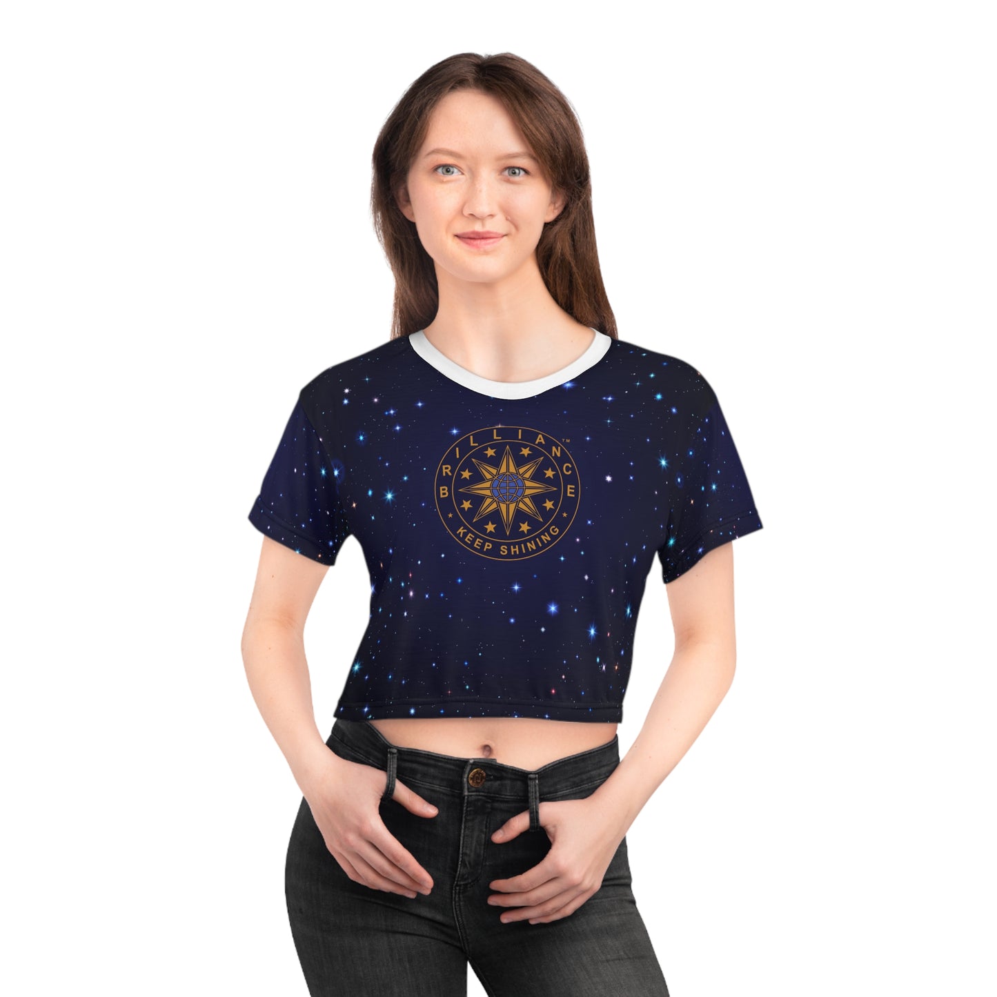 Brilliance Crop Tee with Starry Night Print and Logo Black Stitching Front Side with Model