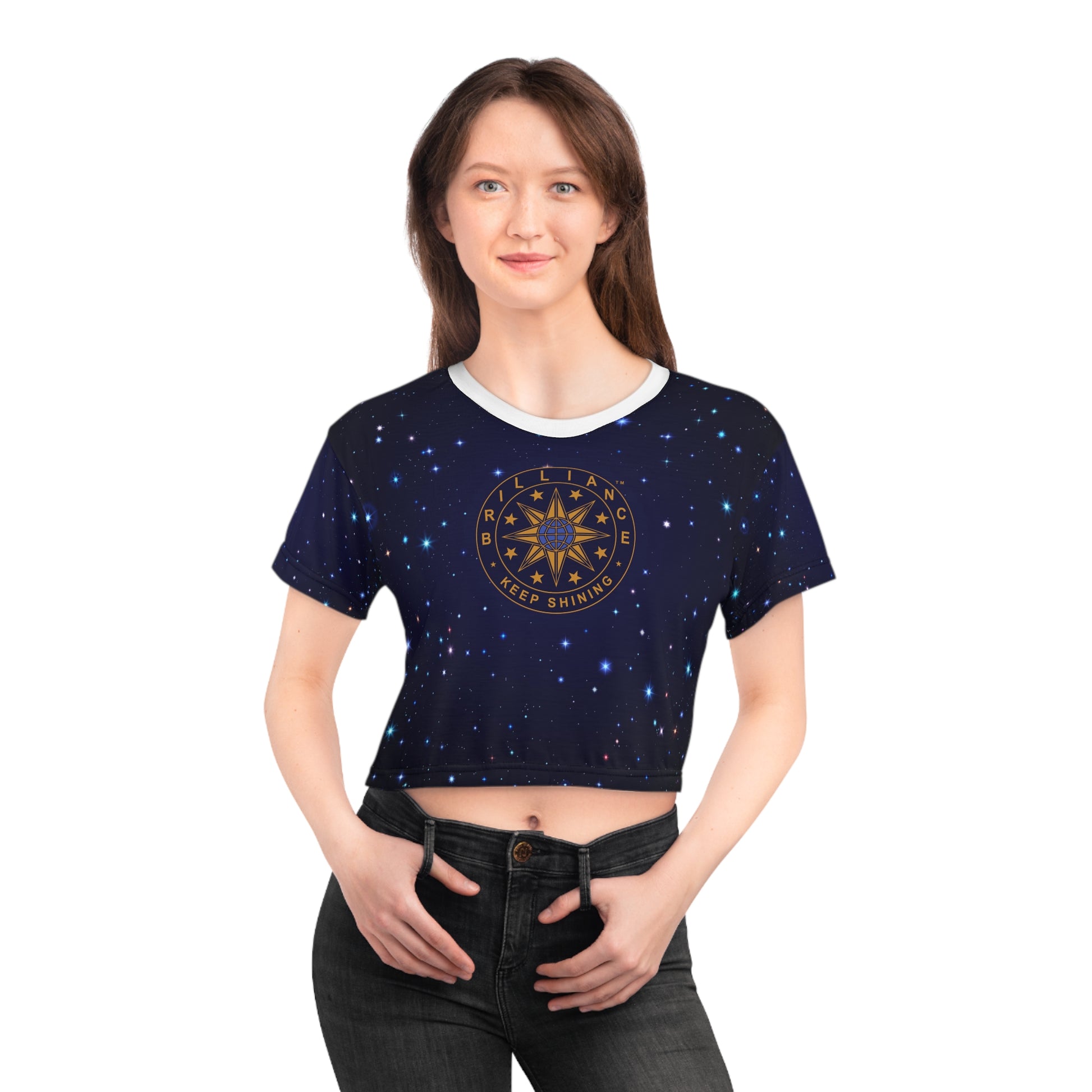 Brilliance Crop Tee with Starry Night Print and Logo Black Stitching Front Side with Model
