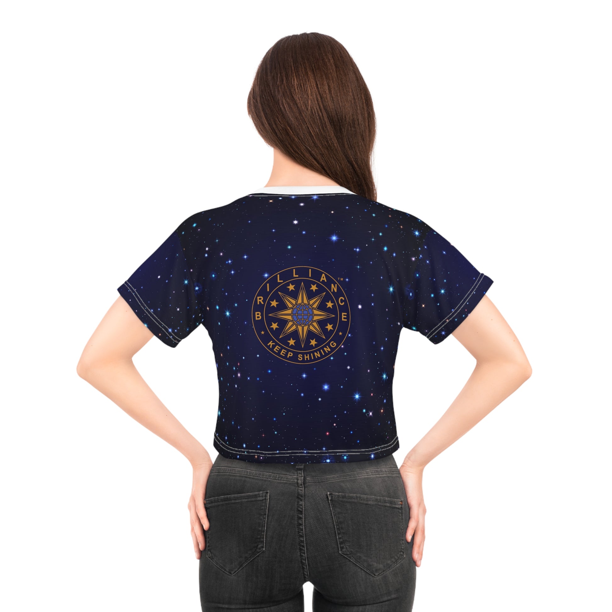 Brilliance Crop Tee with Starry Night Print and Logo White Stitching Back Side with Model