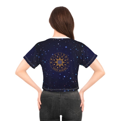 Brilliance Crop Tee with Starry Night Print and Logo White Stitching Back Side with Model