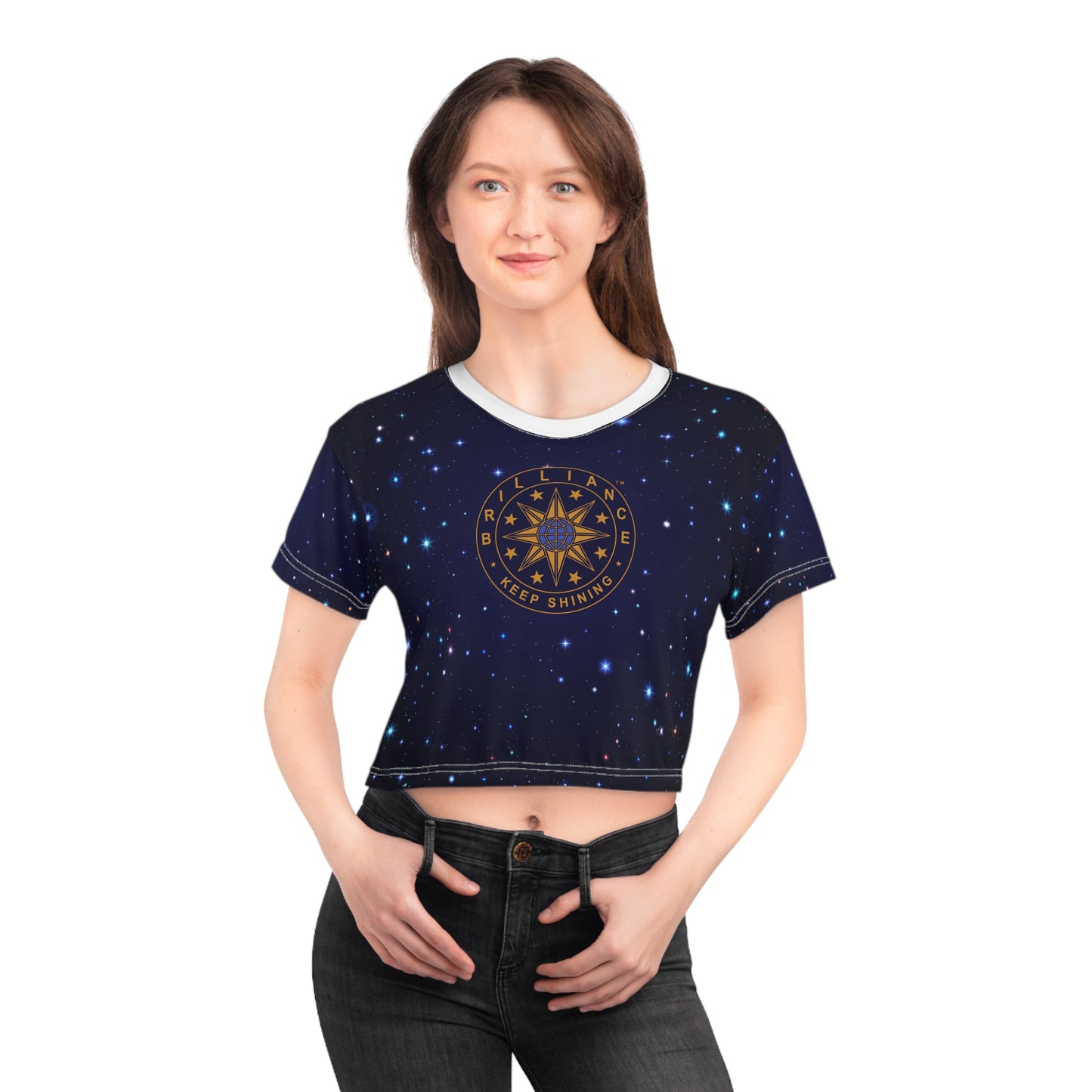 Brilliance Crop Tee with Starry Night Print and Logo White Stitching Front Side with Model