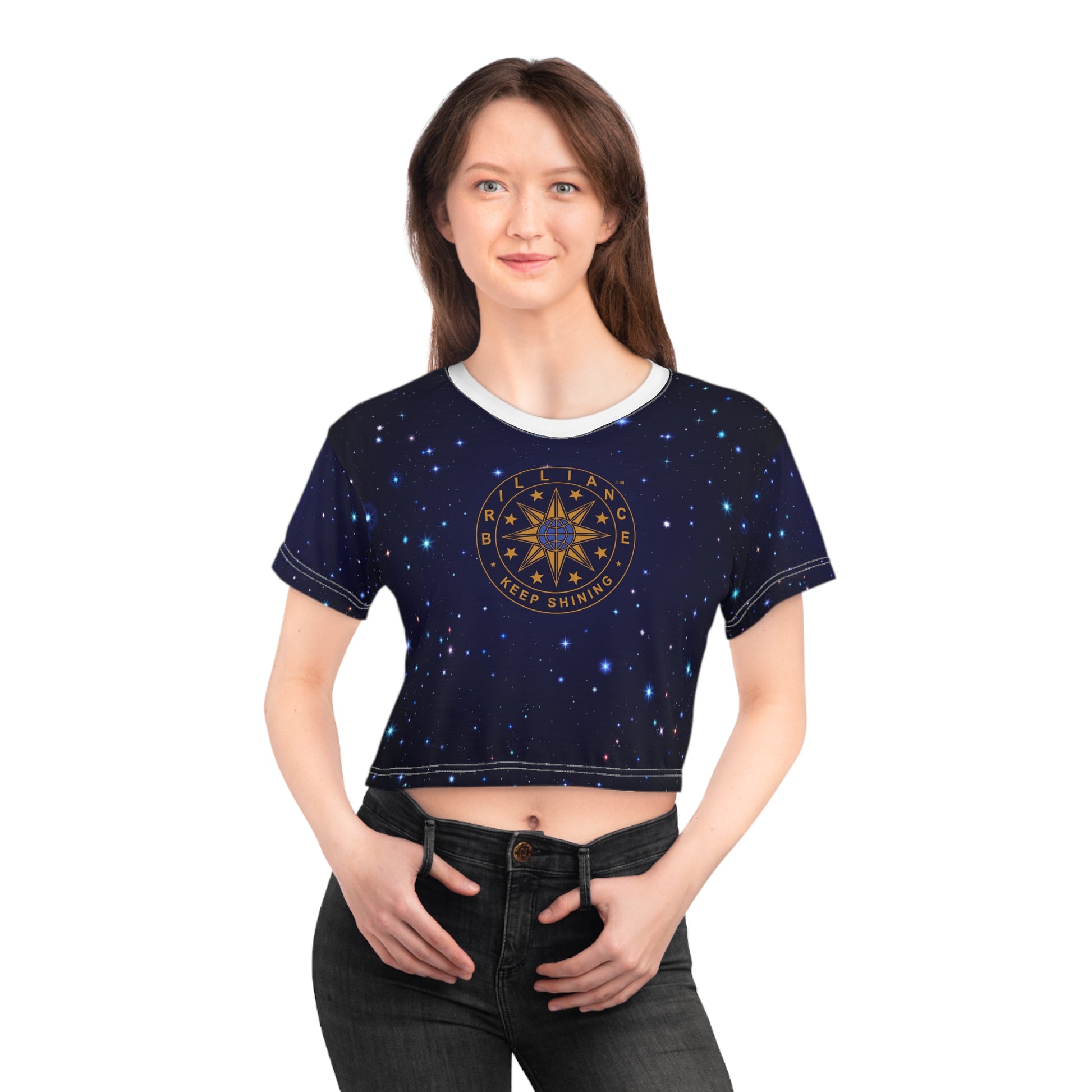 Brilliance Crop Tee with Starry Night Print and Logo White Stitching Front Side with Model