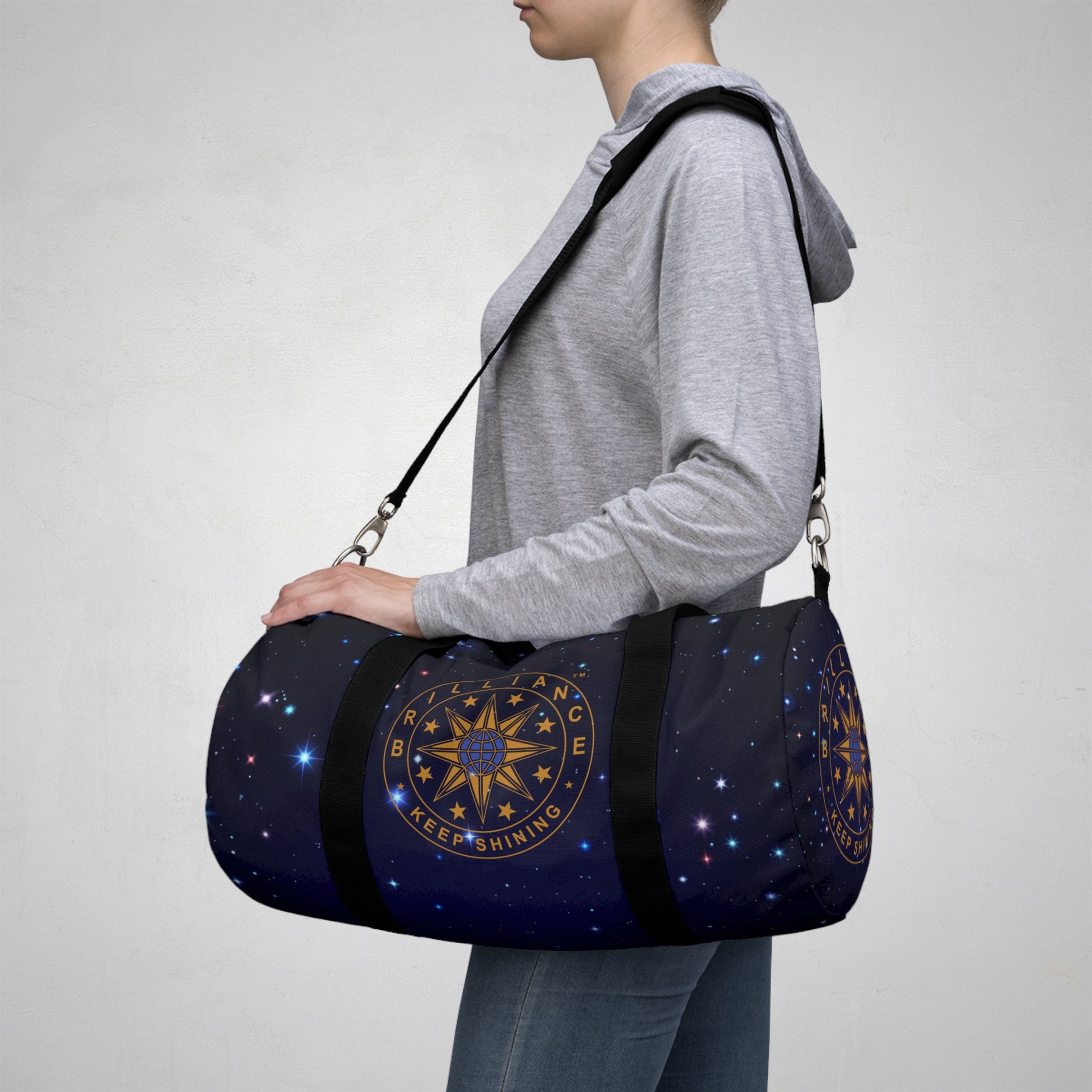 Brilliance Duffel Bag with Starry Night  Print and Logo Side View with Model