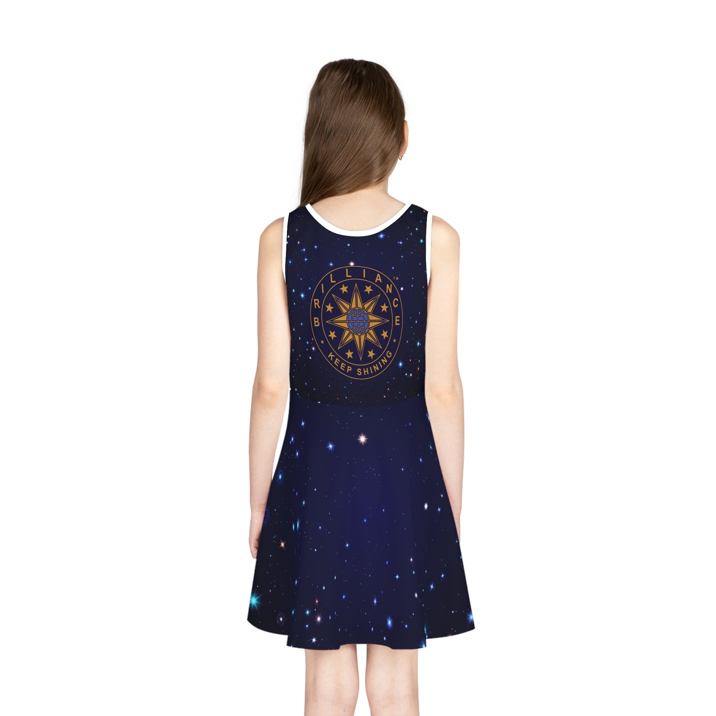 Brilliance Girls' Sleeveless Sundress with Starry Night Print and Logo Back Side