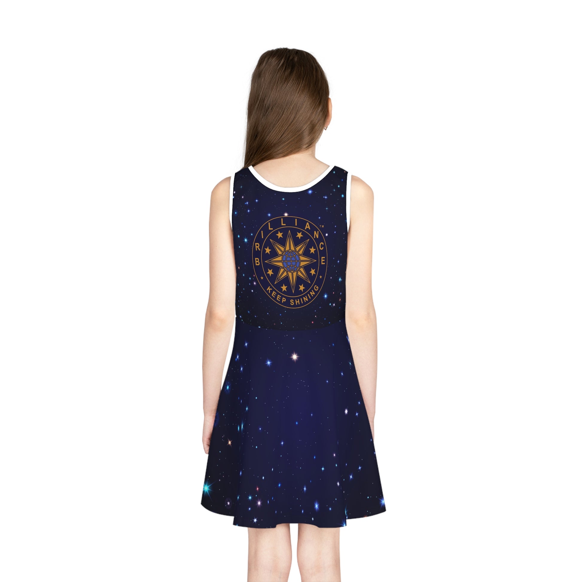 Brilliance Girls' Sleeveless Sundress with Starry Night Print and Logo Back Side