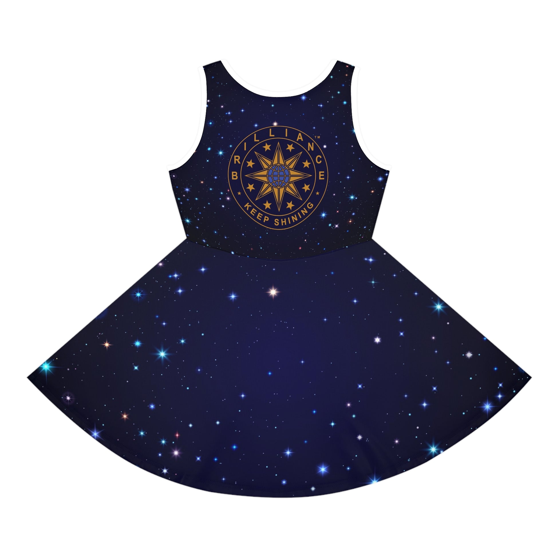 Brilliance Girls' Sleeveless Sundress with Starry Night Print and Logo Back Side no Model