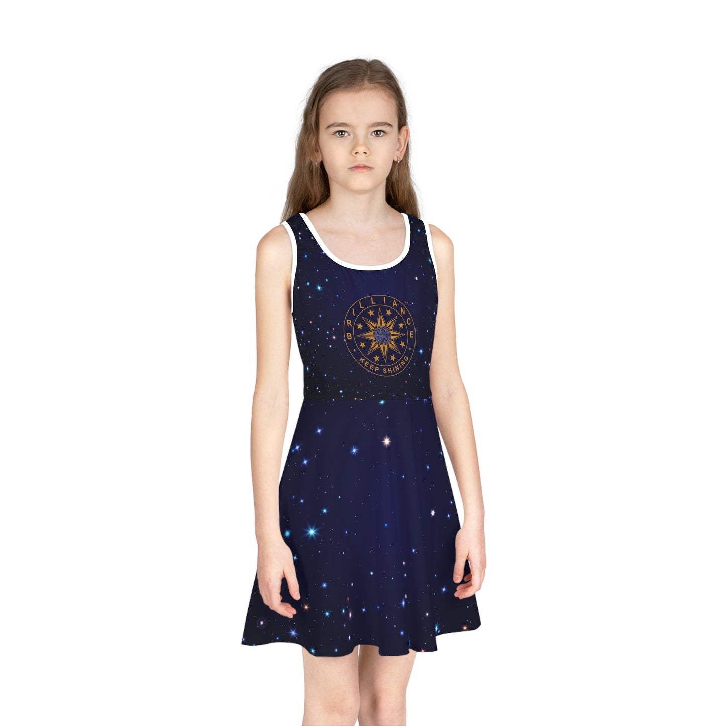 Brilliance Girls' Sleeveless Sundress with Starry Night Print and Logo Front Side