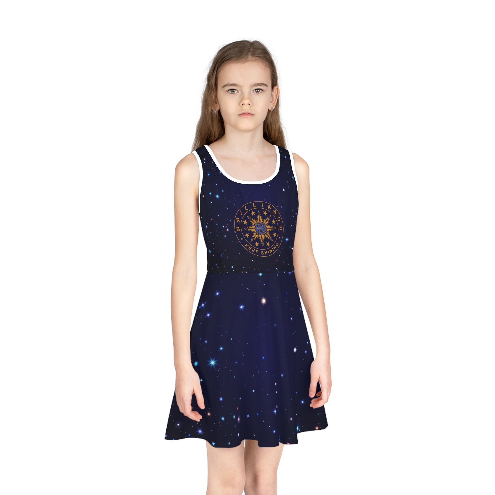 Brilliance Girls' Sleeveless Sundress with Starry Night Print and Logo Front Side
