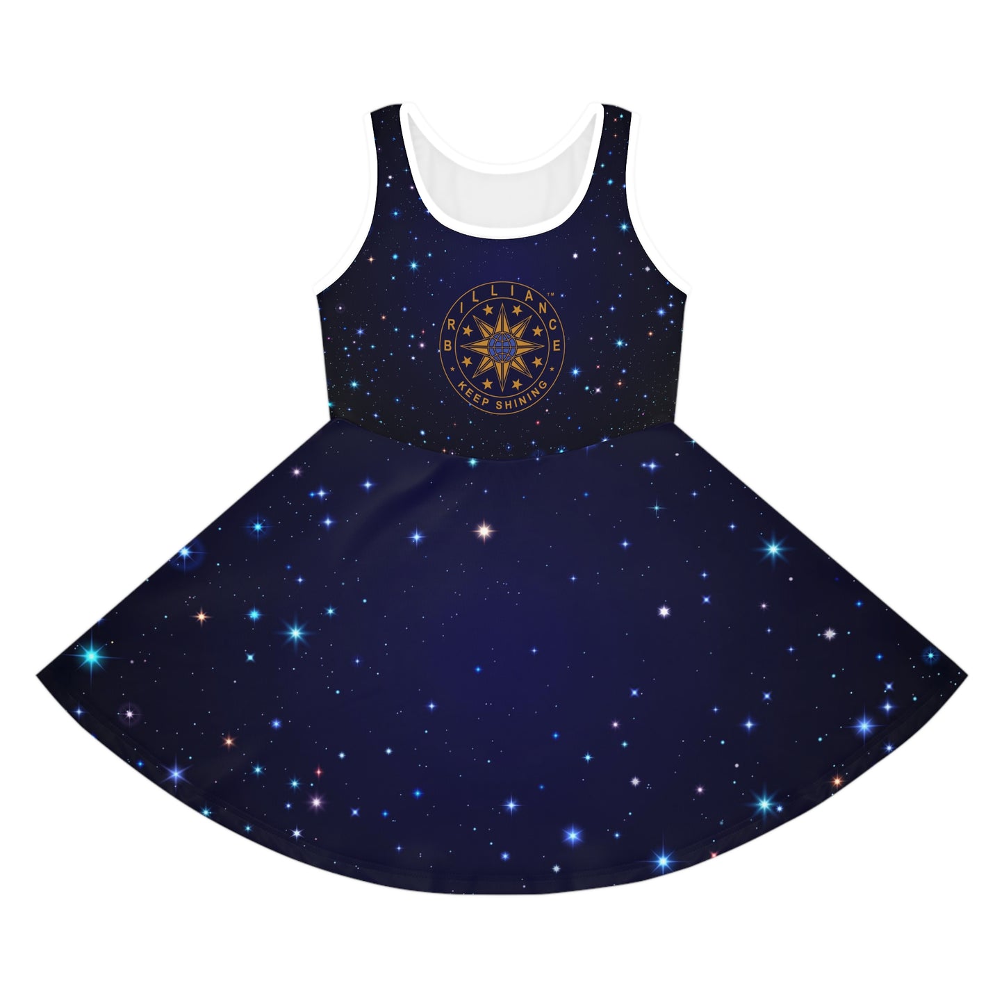 Brilliance Girls' Sleeveless Sundress with Starry Night Print and Logo Front Side no Model
