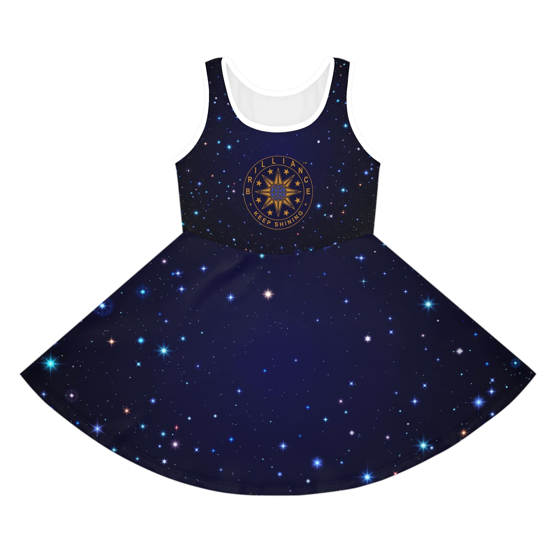 Brilliance Girls' Sleeveless Sundress with Starry Night Print and Logo Front Side no Model
