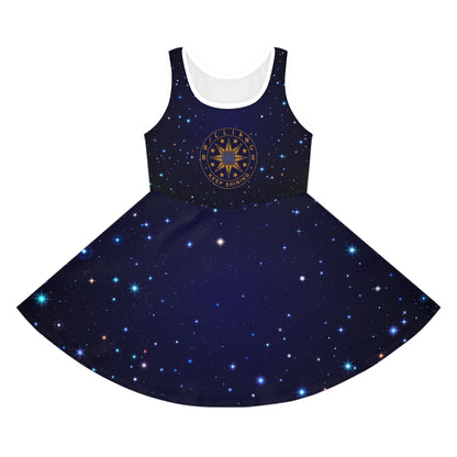 Brilliance Girls' Sleeveless Sundress with Starry Night Print and Logo Front Side no Model