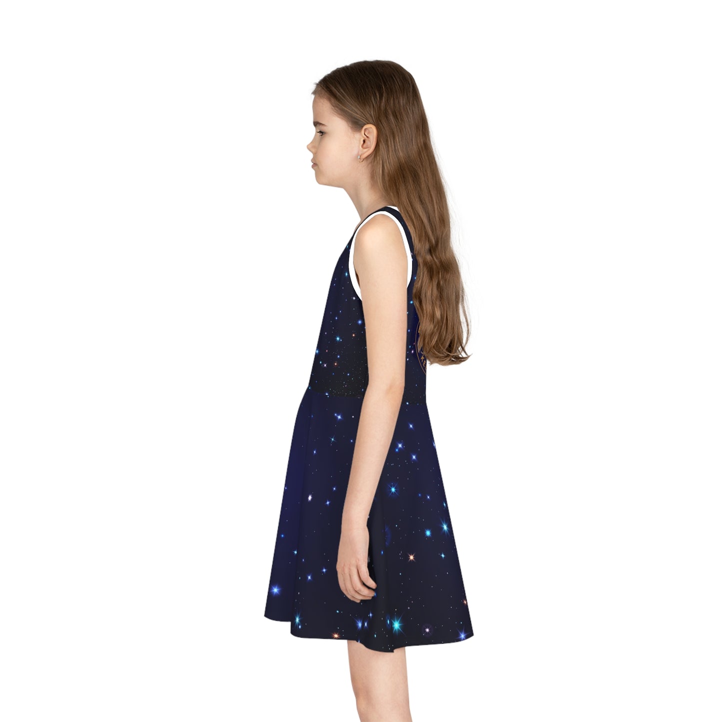 Brilliance Girls' Sleeveless Sundress with Starry Night Print and Logo Left Side