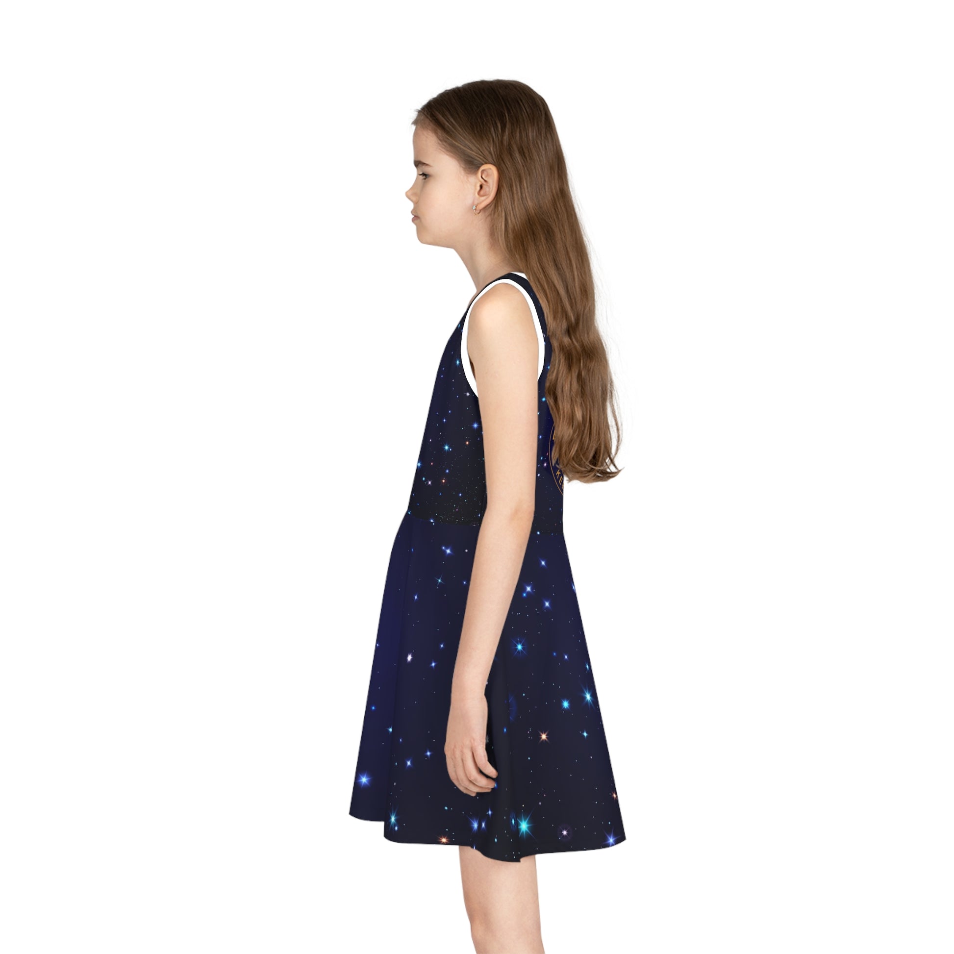 Brilliance Girls' Sleeveless Sundress with Starry Night Print and Logo Left Side