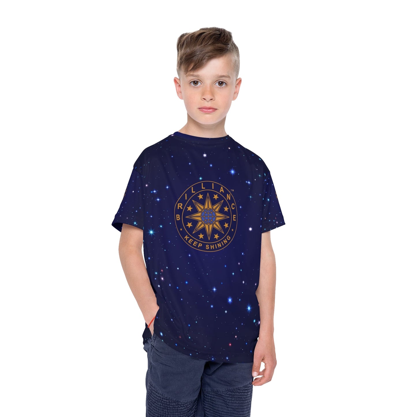 Brilliance Kids Sports Jersey with Starry Night Print and Logo Front Side with Boy Model