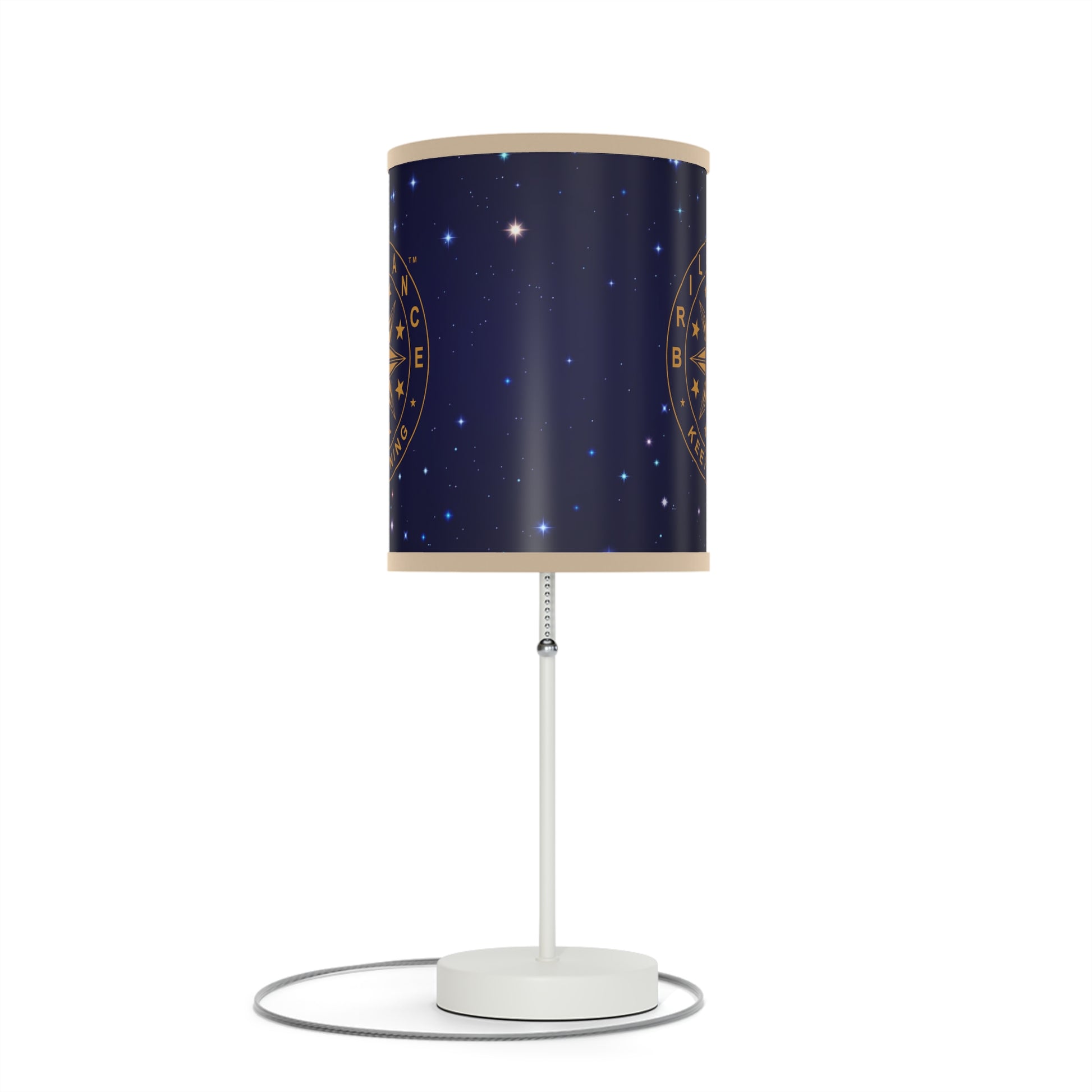 Brilliance Lamp on a White Stand with Starry Night Print and Logo, US|CA plug Beige Trim Front Side