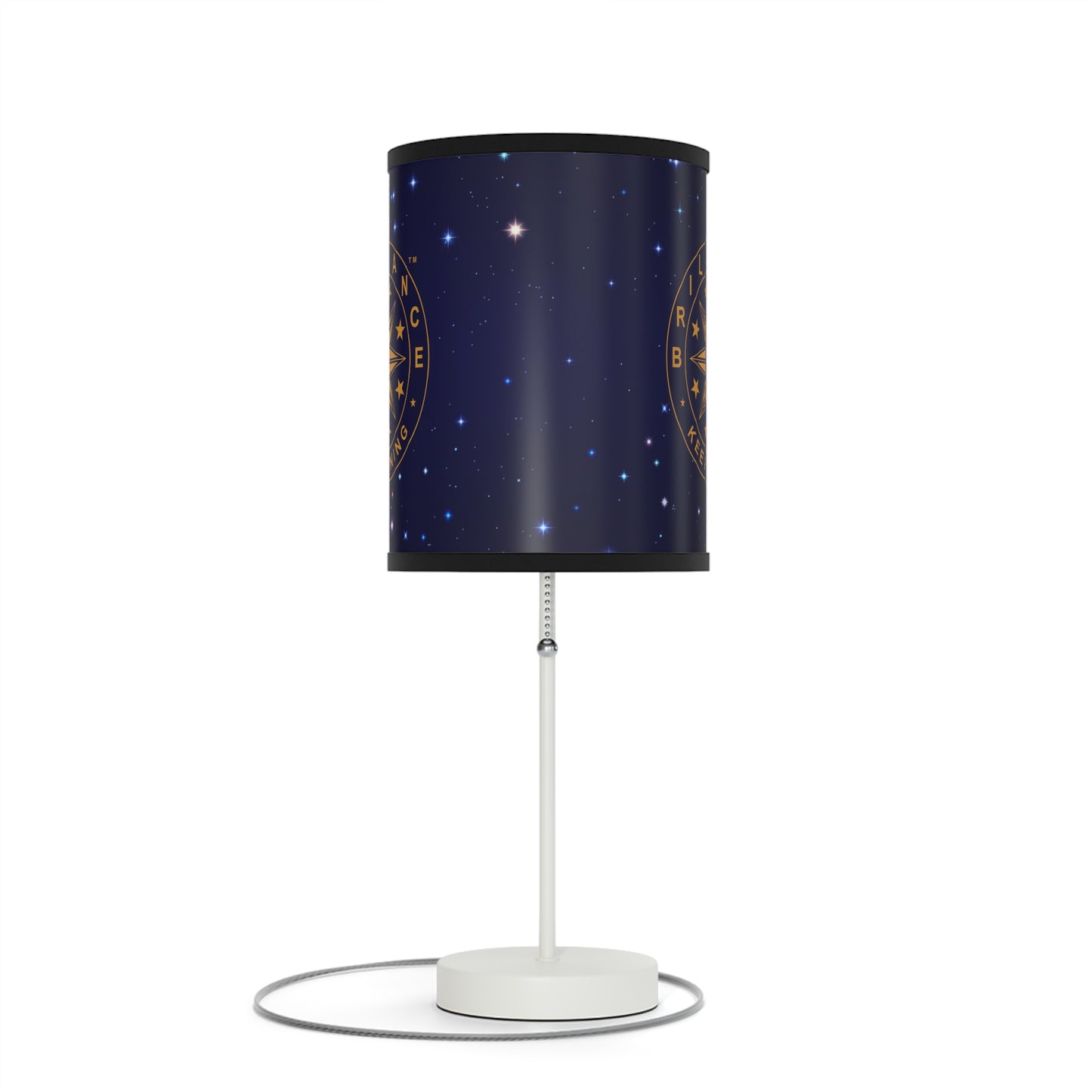 Brilliance Lamp on a White Stand with Starry Night Print and Logo, US|CA plug Black Trim Front Side