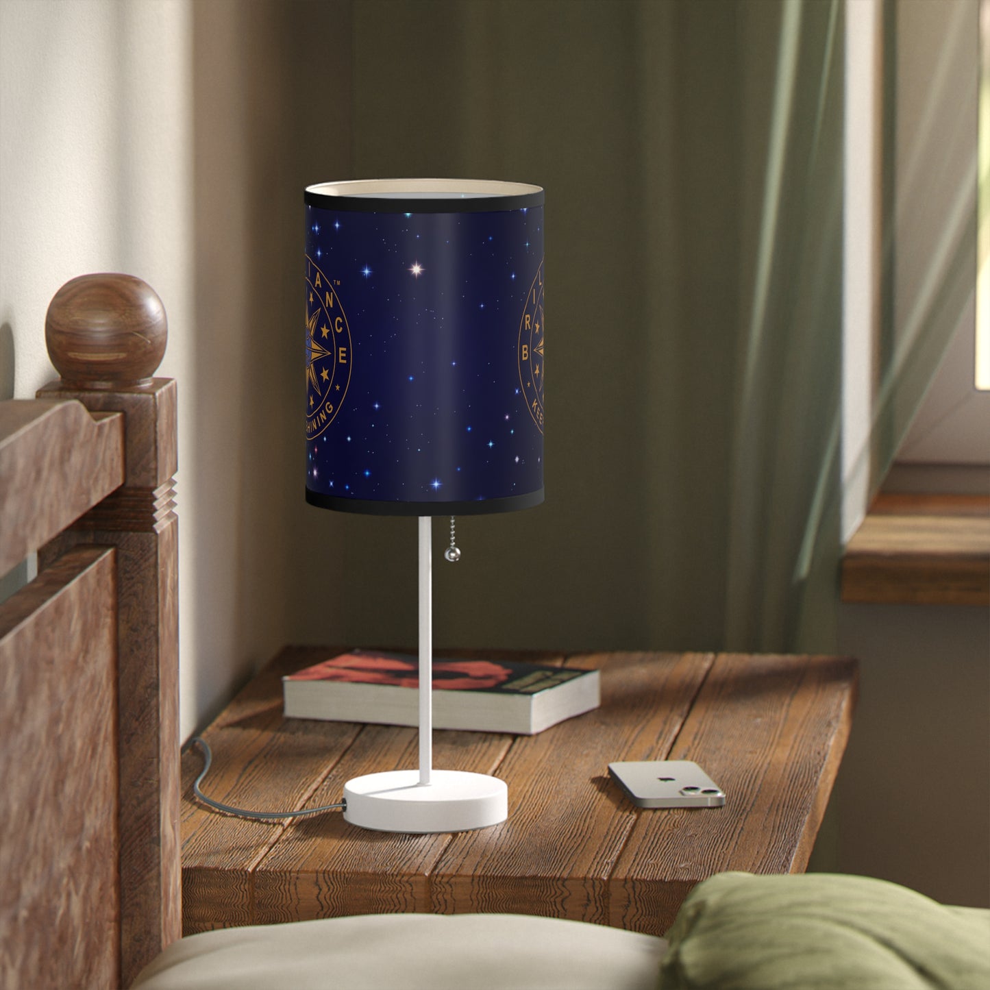 Brilliance Lamp on a White Stand with Starry Night Print and Logo, US|CA plug Black Trim Slant