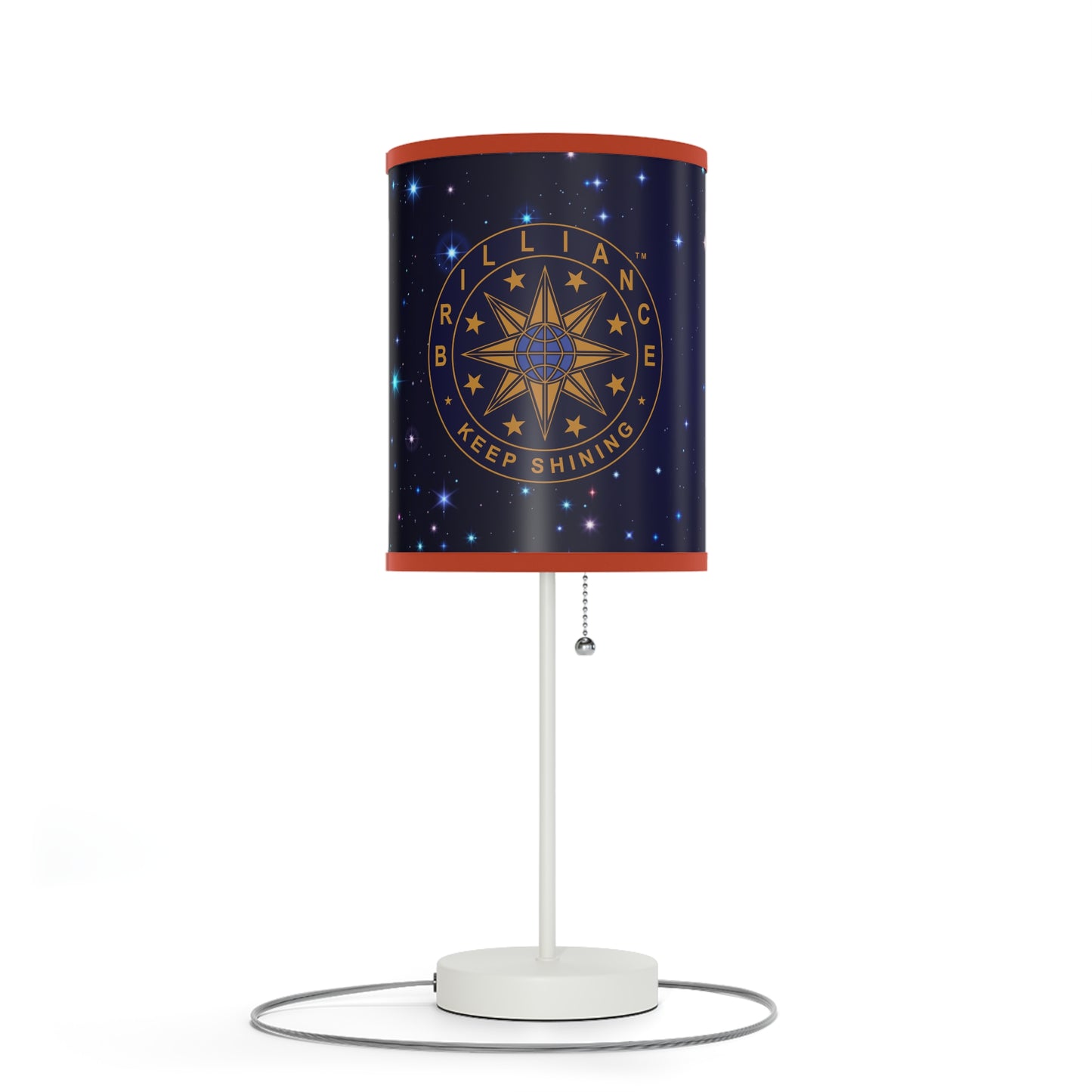 Brilliance Lamp on a White Stand with Starry Night Print and Logo, US|CA plug Coral Red Trim Left Side