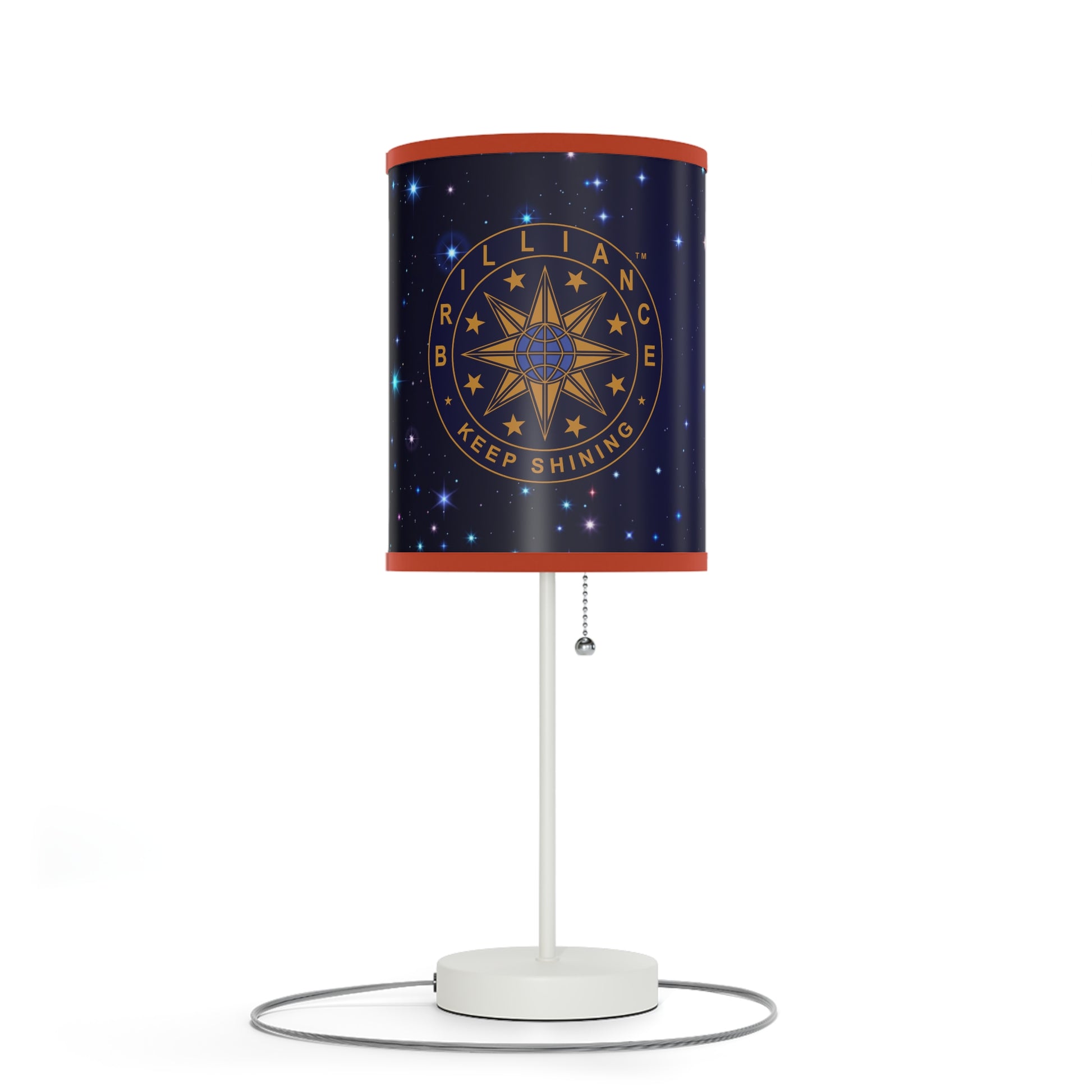 Brilliance Lamp on a White Stand with Starry Night Print and Logo, US|CA plug Coral Red Trim Left Side