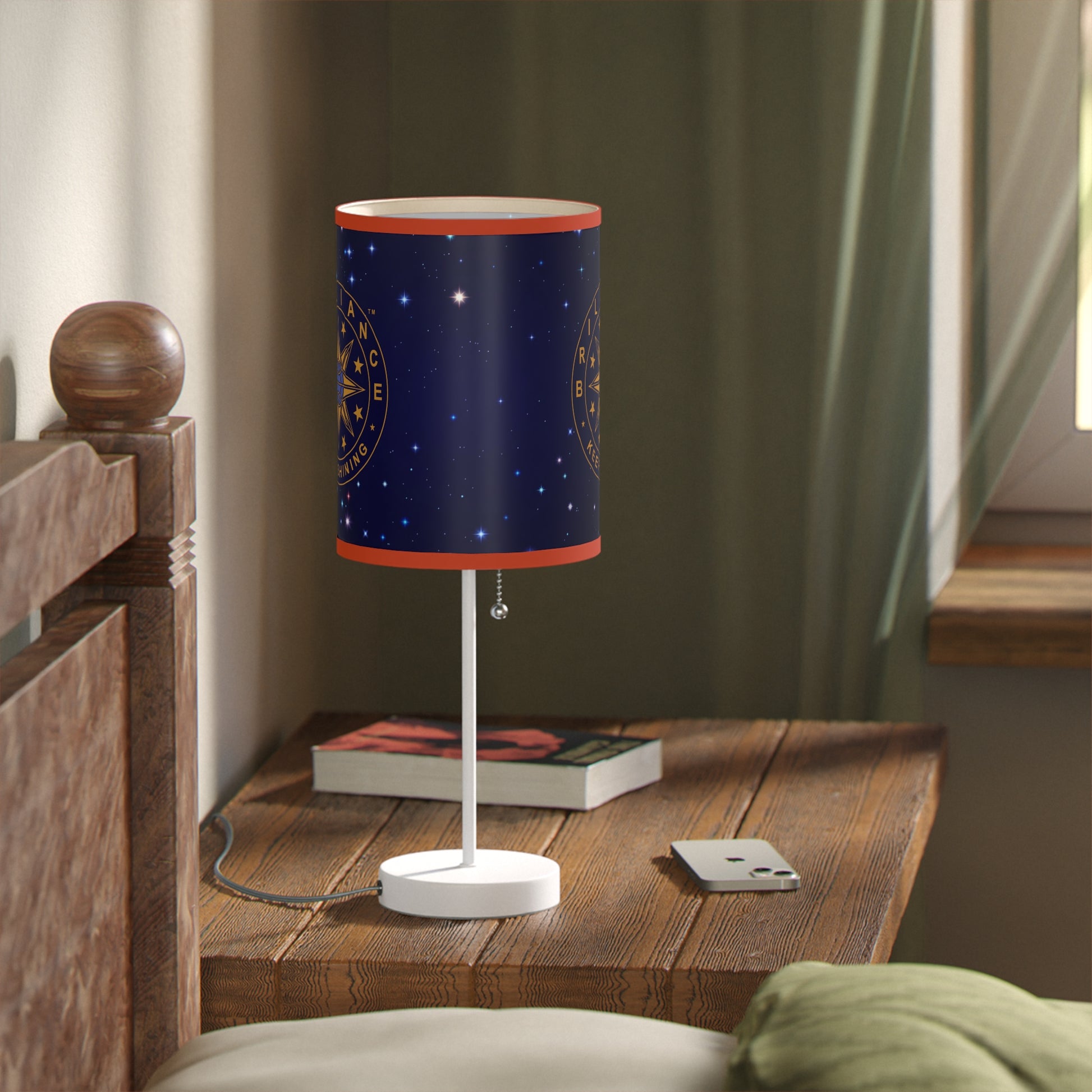 Brilliance Lamp on a White Stand with Starry Night Print and Logo, US|CA plug Coral Red Trim Slant