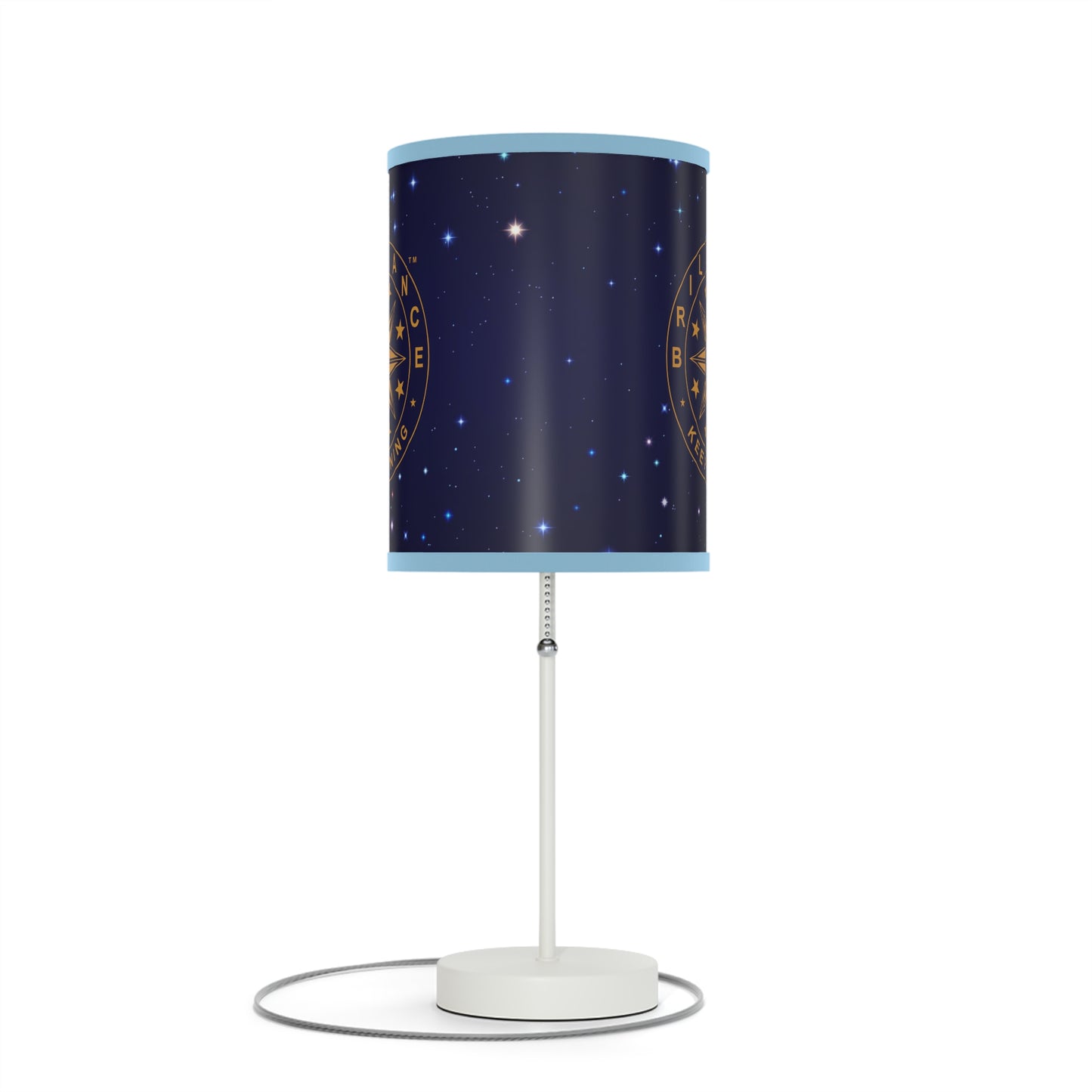 Brilliance Lamp on a White Stand with Starry Night Print and Logo, US|CA plug Light Blue Trim Front Side
