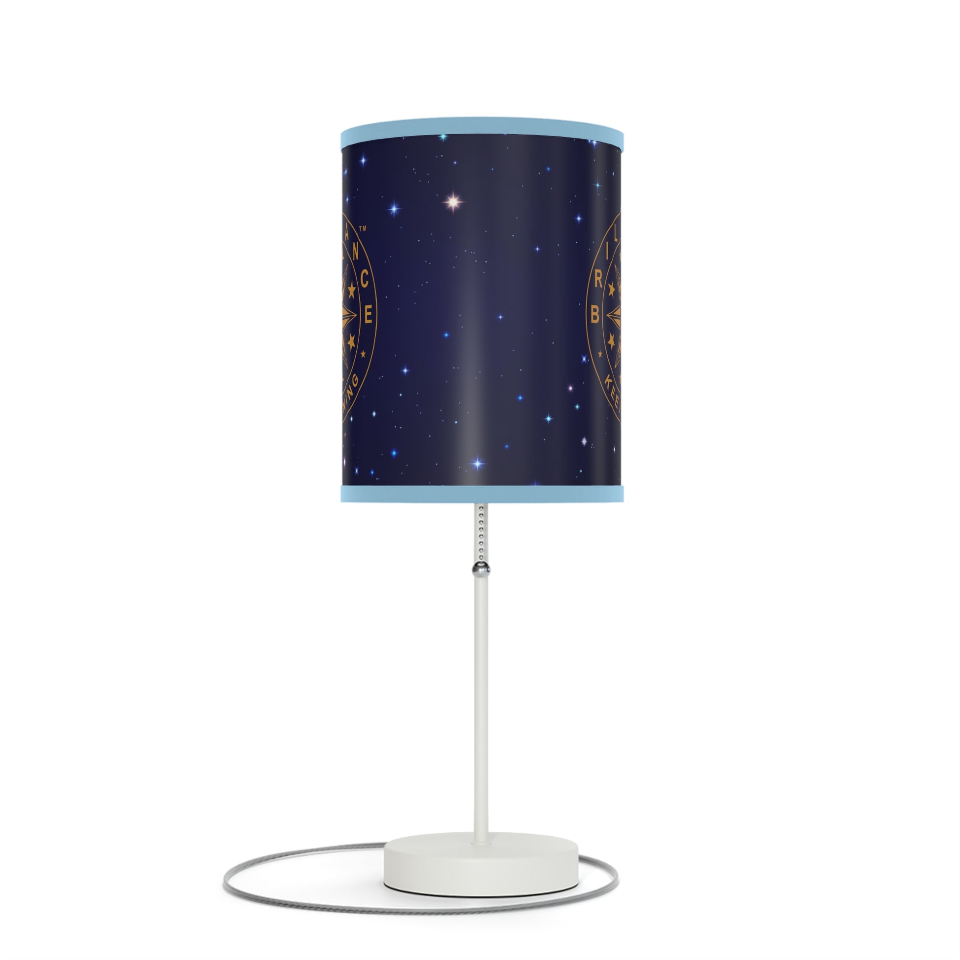 Brilliance Lamp on a White Stand with Starry Night Print and Logo, US|CA plug Light Blue Trim Front Side