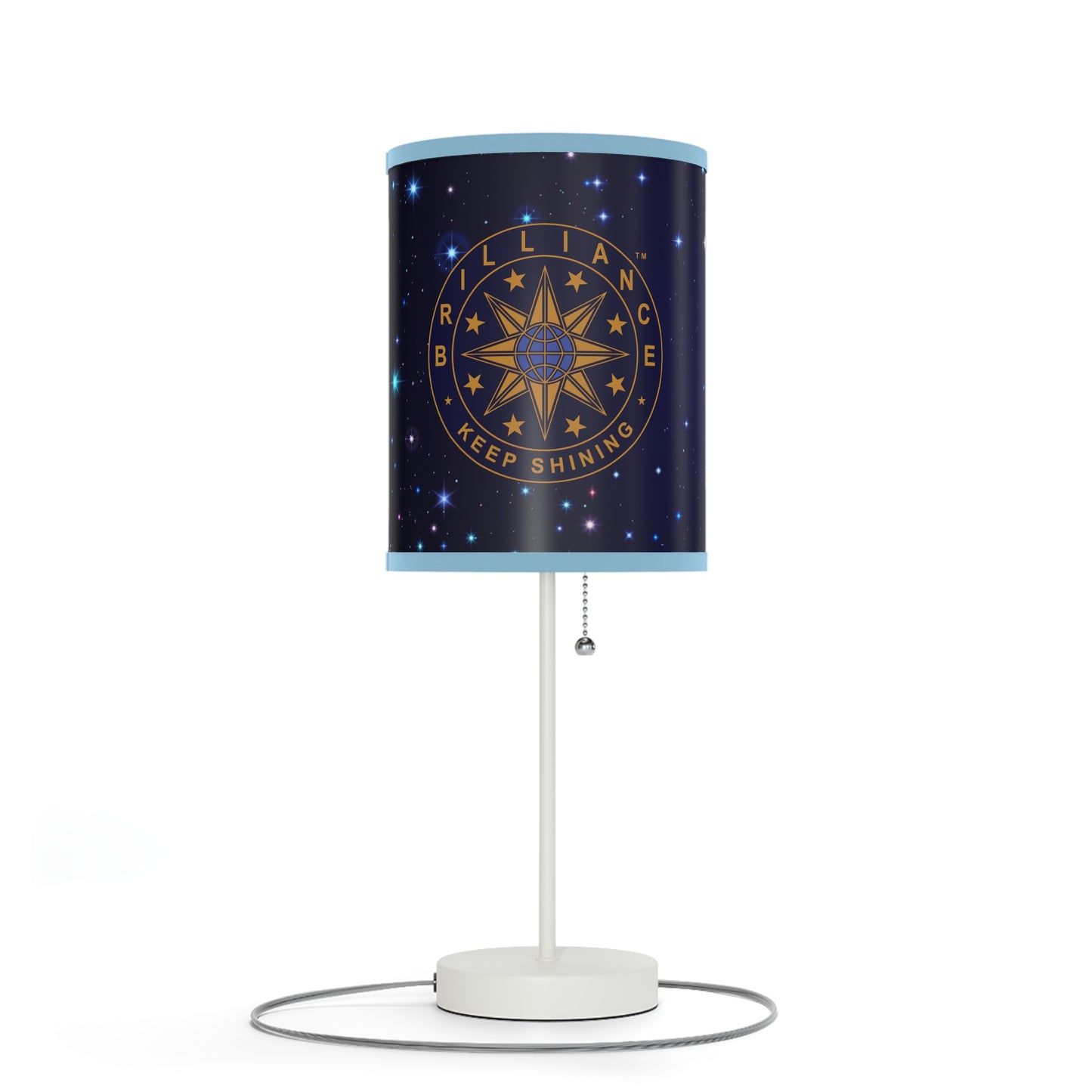 Brilliance Lamp on a White Stand with Starry Night Print and Logo, US|CA plug Light Blue Trim Left Side