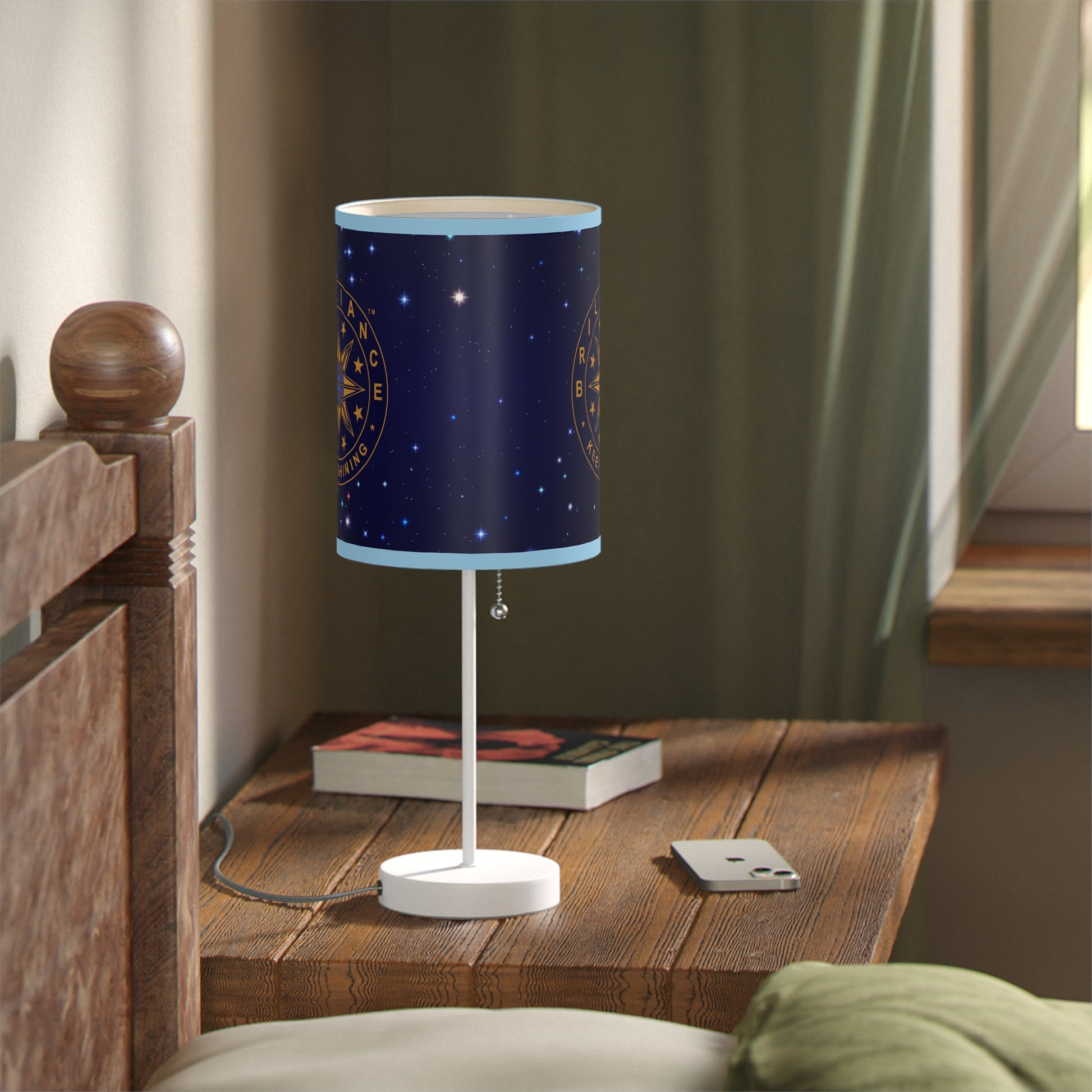 Brilliance Lamp on a White Stand with Starry Night Print and Logo, US|CA plug Light Blue Trim Slant