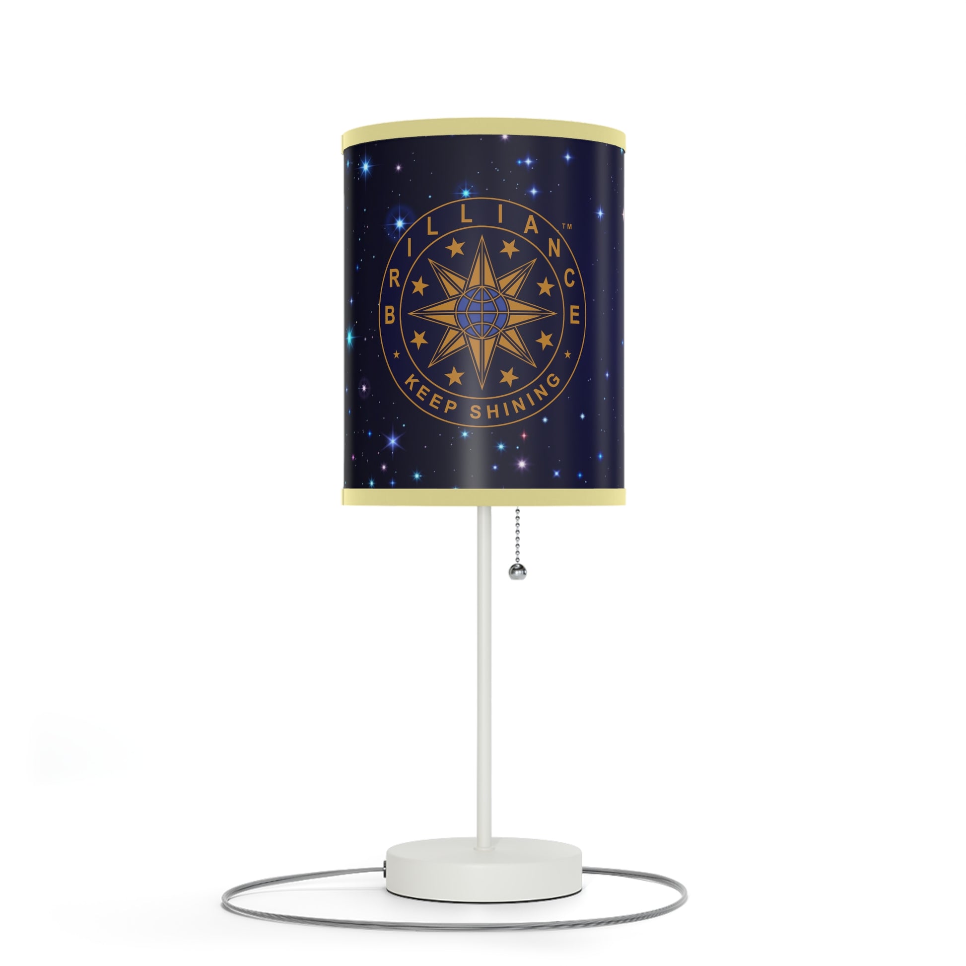 Brilliance Lamp on a White Stand with Starry Night Print and Logo, US|CA plug Light Yellow Trim Left Side