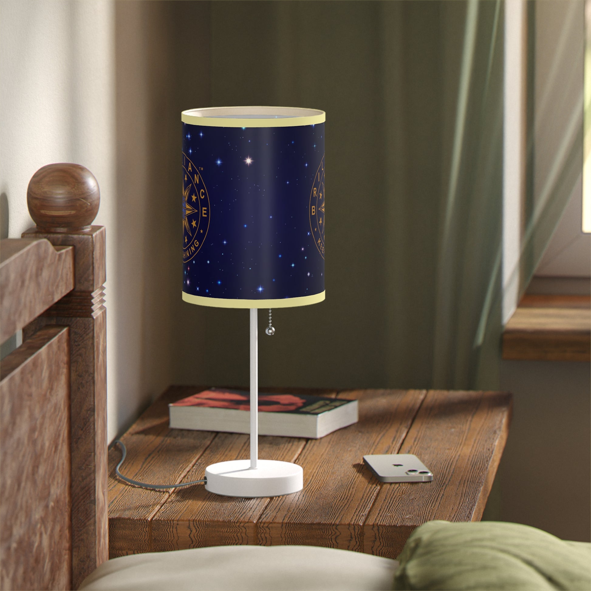 Brilliance Lamp on a White Stand with Starry Night Print and Logo, US|CA plug Light Yellow Trim Slant