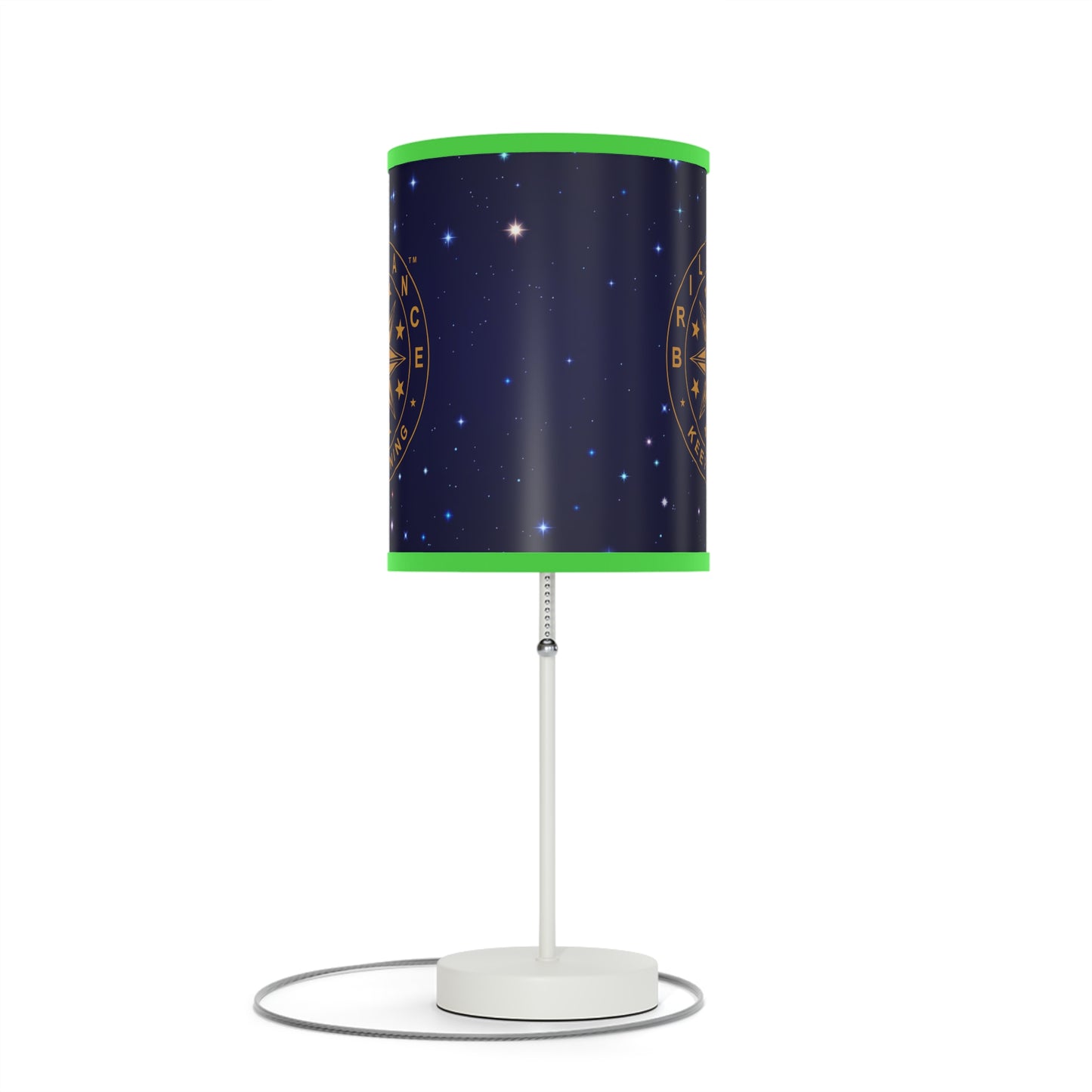 Brilliance Lamp on a White Stand with Starry Night Print and Logo, US|CA plug Lime Green Trim Front Side